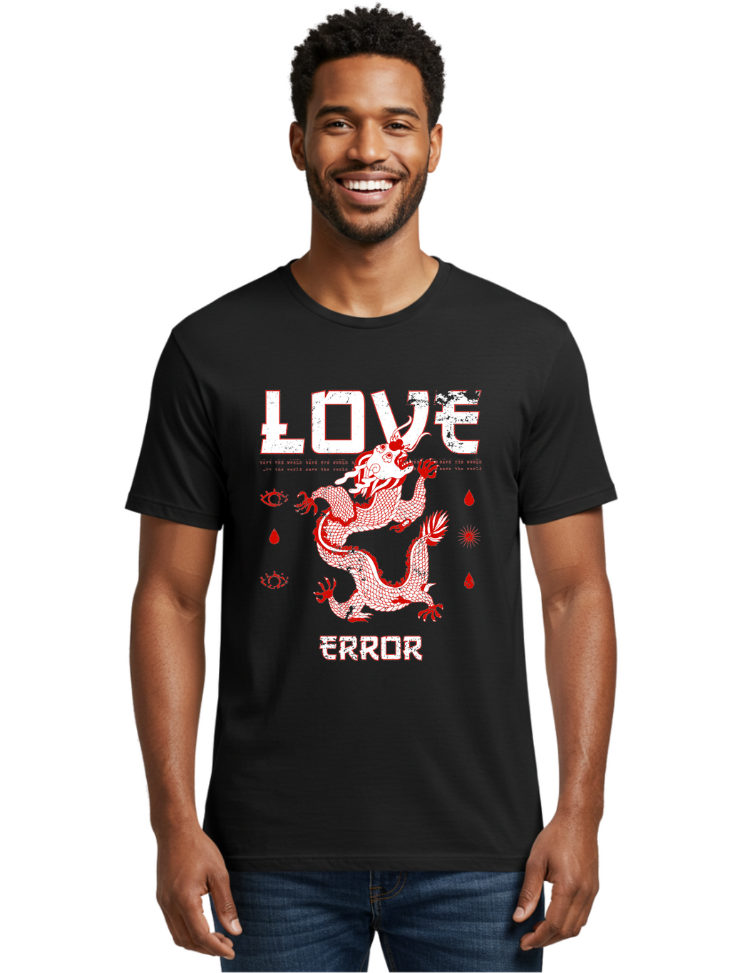 Love Error Men'S Graphic Tee, 100% Cotton, Comfortable Casual Summer Wear, Machine Washable, Dragon Graphic, Love Error Message, Red Dragon Illustration, Bold Typography, Abstract Shapes, Symbolic Art, Emotional Expression, Edgy Design Aae466