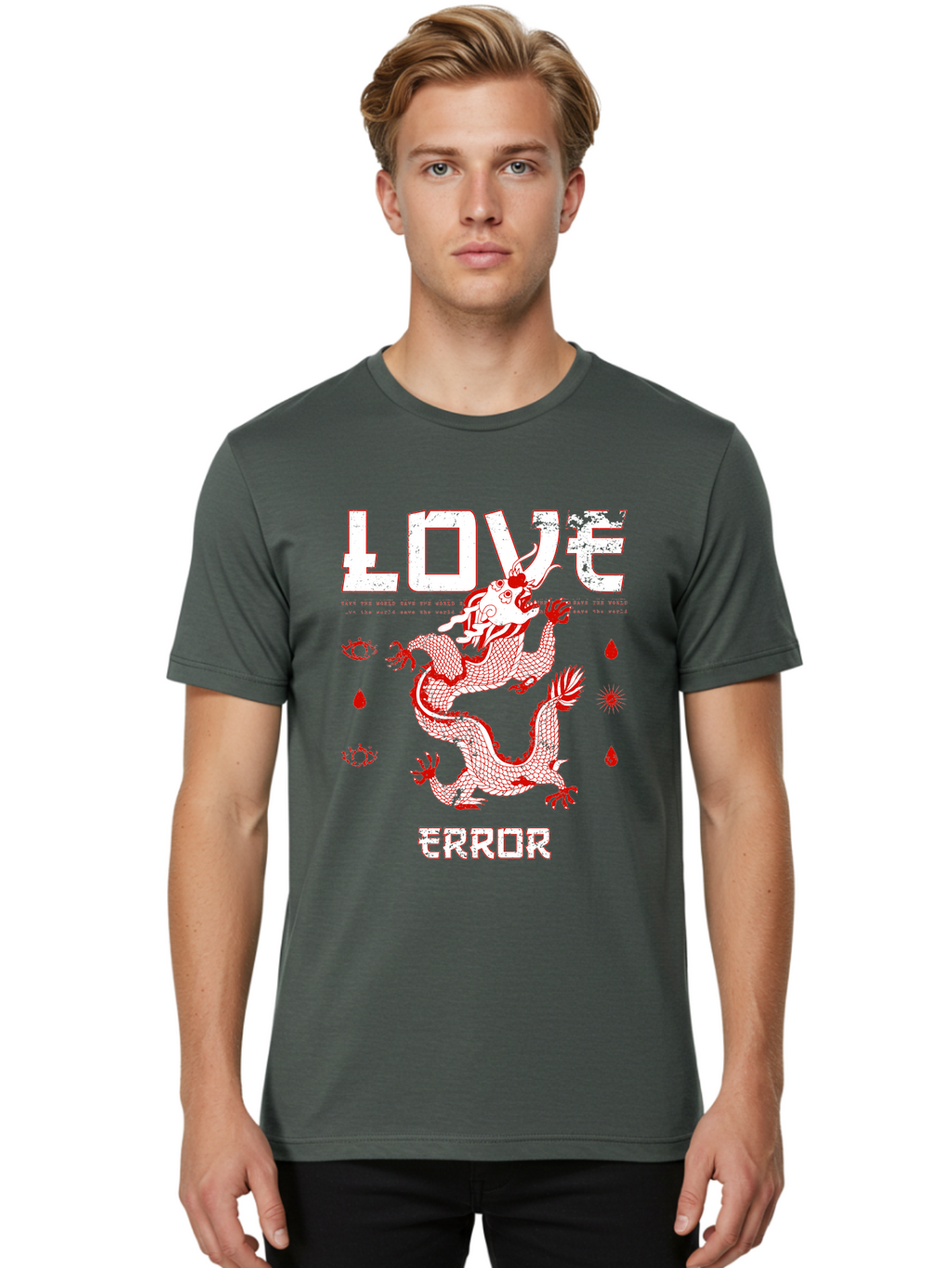 Love Error Men'S Graphic Tee, 100% Cotton, Comfortable Casual Summer Wear, Machine Washable, Dragon Graphic, Love Error Message, Red Dragon Illustration, Bold Typography, Abstract Shapes, Symbolic Art, Emotional Expression, Edgy Design Aae466
