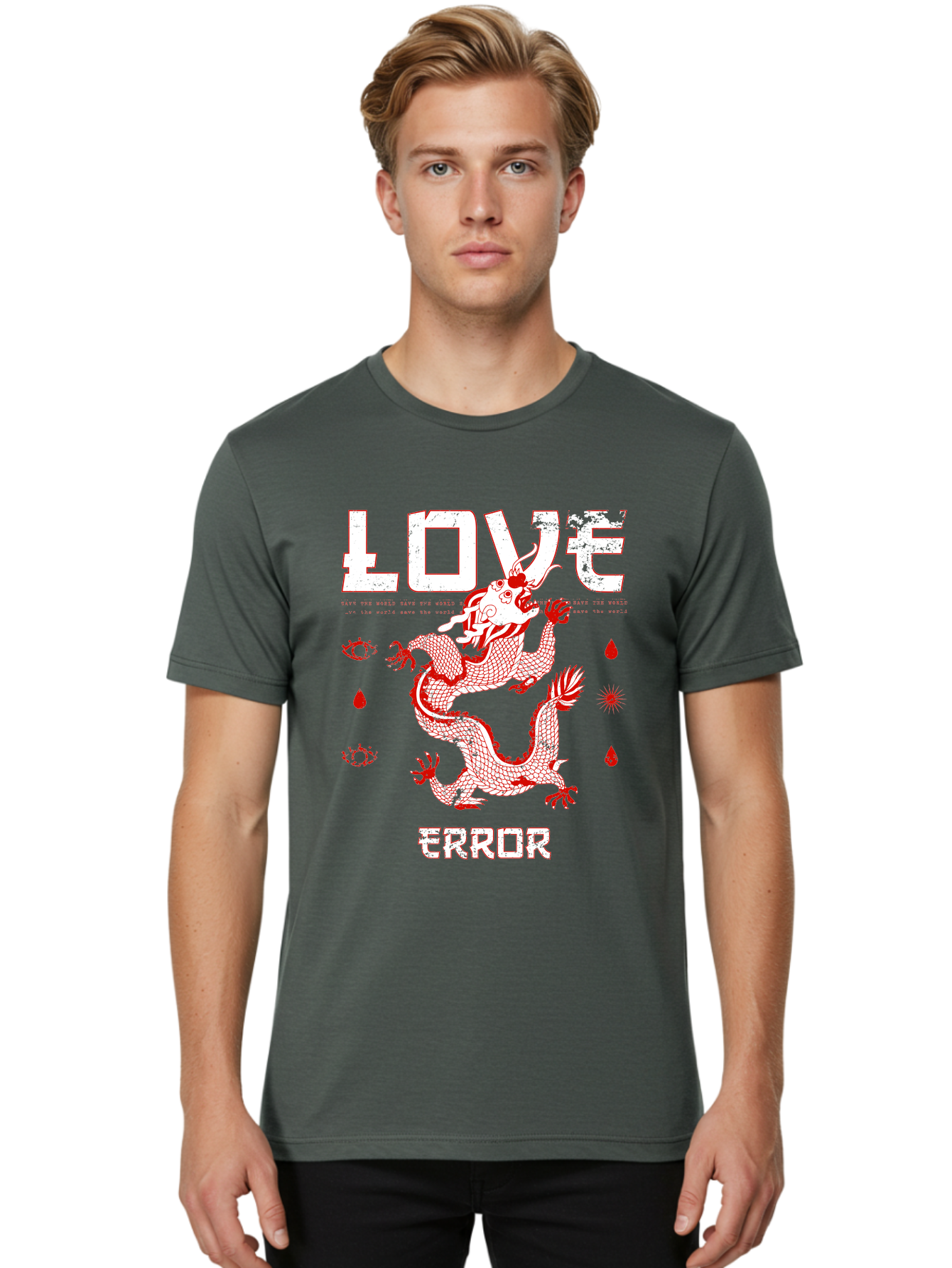 Love Error Men'S Graphic Tee, 100% Cotton, Comfortable Casual Summer Wear, Machine Washable, Dragon Graphic, Love Error Message, Red Dragon Illustration, Bold Typography, Abstract Shapes, Symbolic Art, Emotional Expression, Edgy Design Aae466