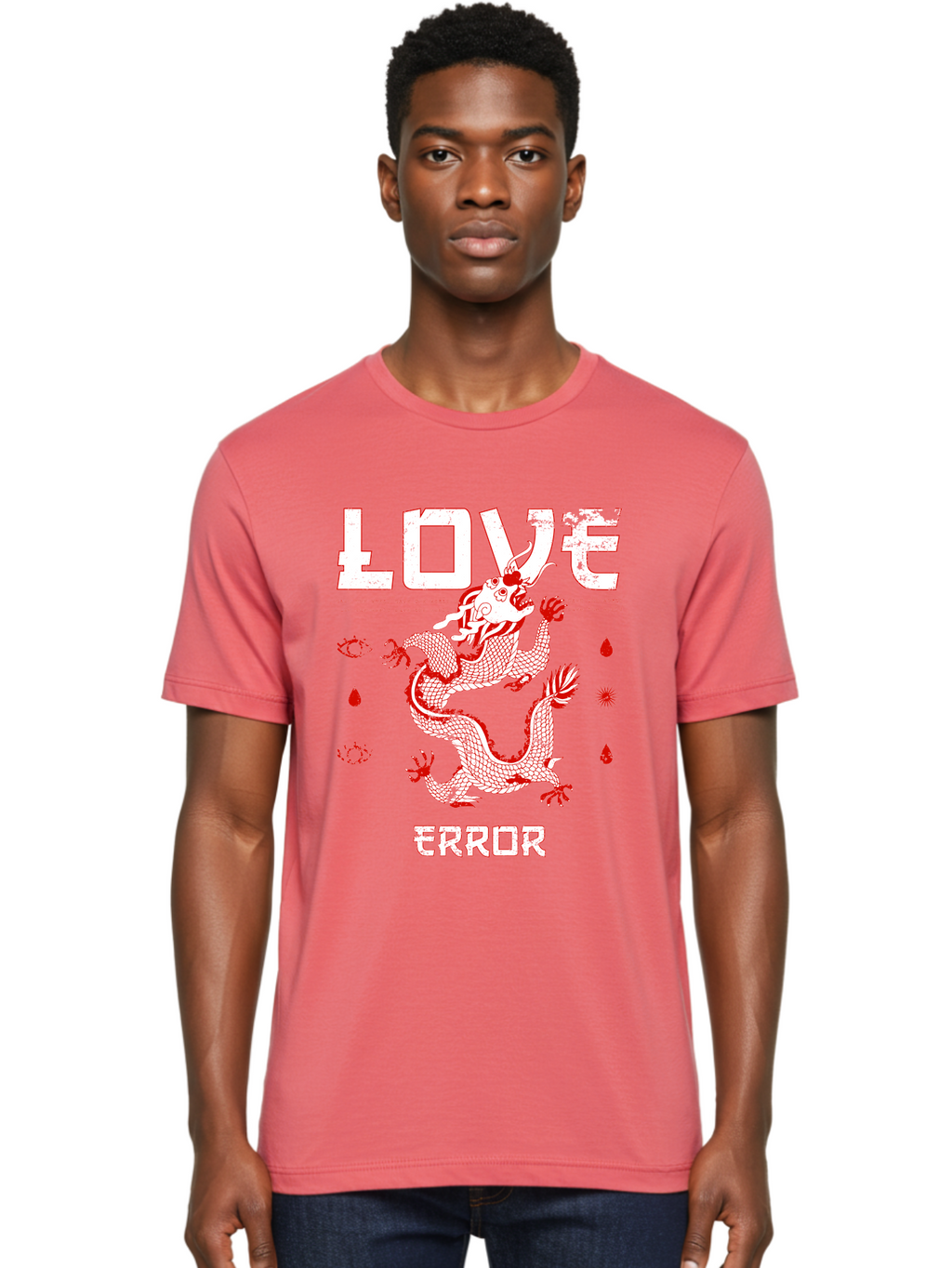 Love Error Men'S Graphic Tee, 100% Cotton, Comfortable Casual Summer Wear, Machine Washable, Dragon Graphic, Love Error Message, Red Dragon Illustration, Bold Typography, Abstract Shapes, Symbolic Art, Emotional Expression, Edgy Design Aae466