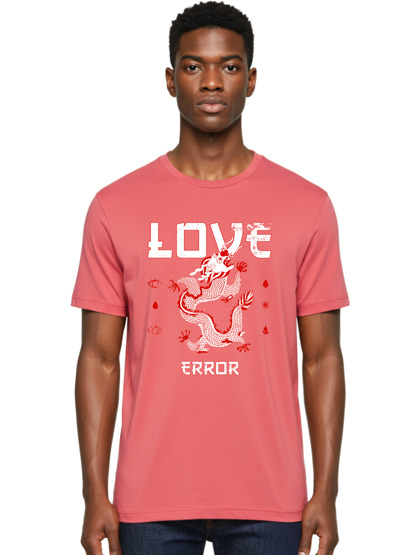 Love Error Men'S Graphic Tee, 100% Cotton, Comfortable Casual Summer Wear, Machine Washable, Dragon Graphic, Love Error Message, Red Dragon Illustration, Bold Typography, Abstract Shapes, Symbolic Art, Emotional Expression, Edgy Design Aae466