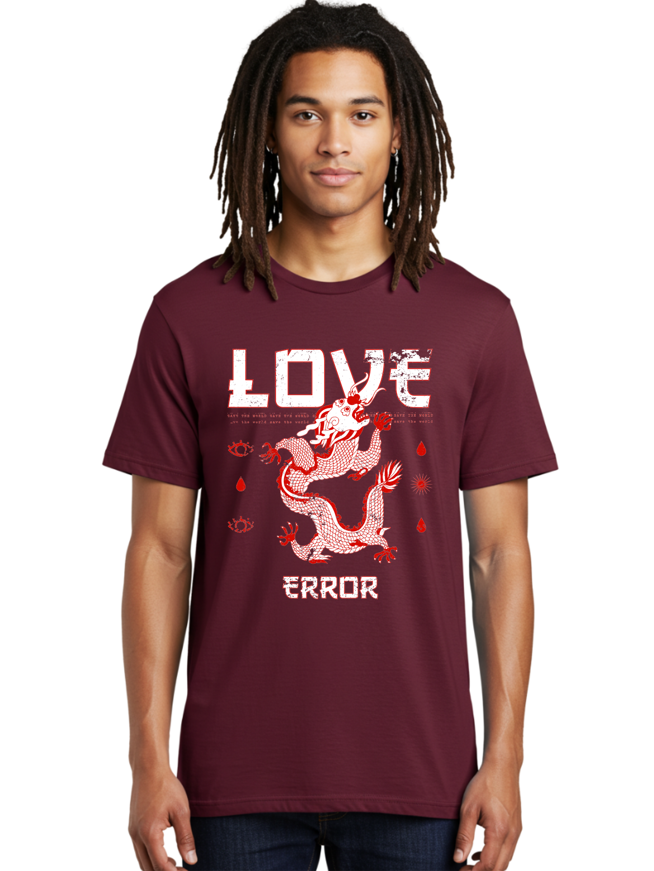 Love Error Men'S Graphic Tee, 100% Cotton, Comfortable Casual Summer Wear, Machine Washable, Dragon Graphic, Love Error Message, Red Dragon Illustration, Bold Typography, Abstract Shapes, Symbolic Art, Emotional Expression, Edgy Design Aae466