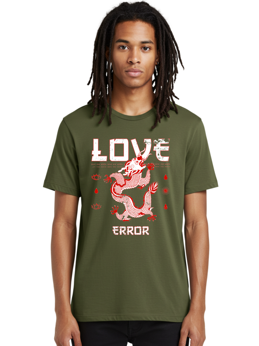 Love Error Men'S Graphic Tee, 100% Cotton, Comfortable Casual Summer Wear, Machine Washable, Dragon Graphic, Love Error Message, Red Dragon Illustration, Bold Typography, Abstract Shapes, Symbolic Art, Emotional Expression, Edgy Design Aae466