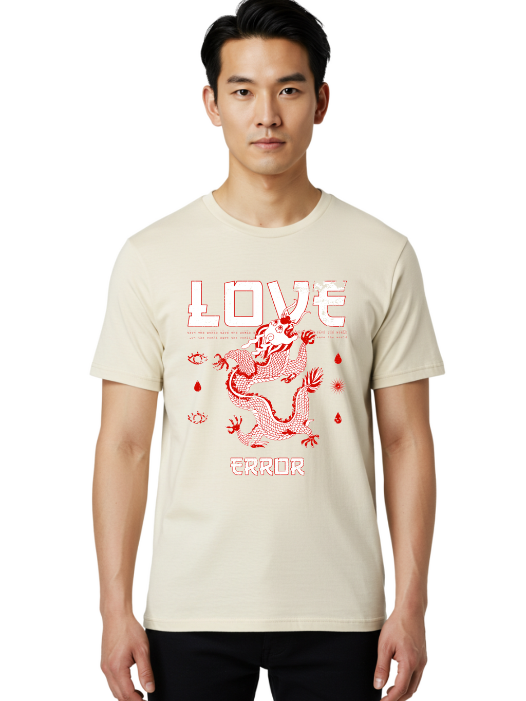 Love Error Men'S Graphic Tee, 100% Cotton, Comfortable Casual Summer Wear, Machine Washable, Dragon Graphic, Love Error Message, Red Dragon Illustration, Bold Typography, Abstract Shapes, Symbolic Art, Emotional Expression, Edgy Design Aae466