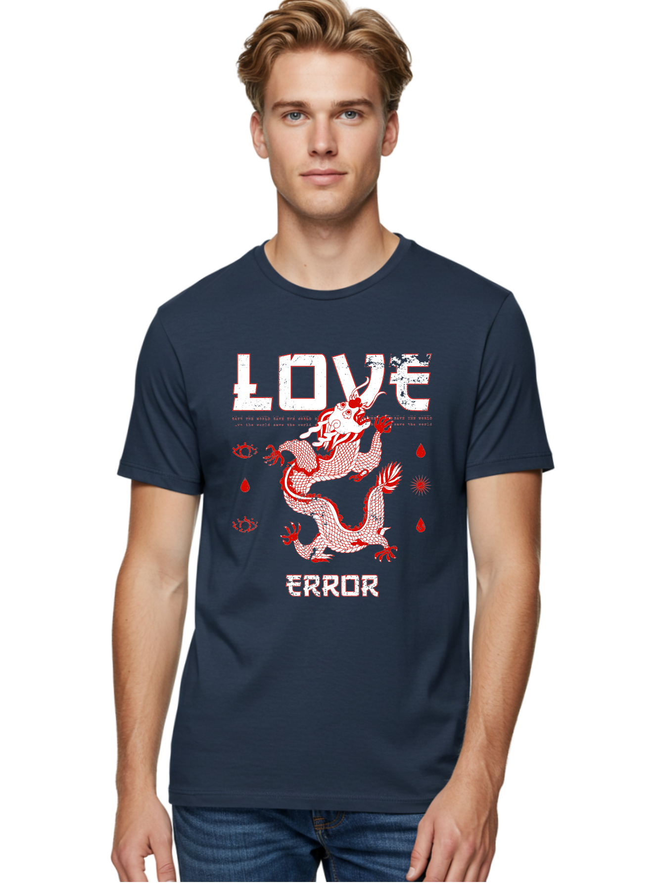 Love Error Men'S Graphic Tee, 100% Cotton, Comfortable Casual Summer Wear, Machine Washable, Dragon Graphic, Love Error Message, Red Dragon Illustration, Bold Typography, Abstract Shapes, Symbolic Art, Emotional Expression, Edgy Design Aae466