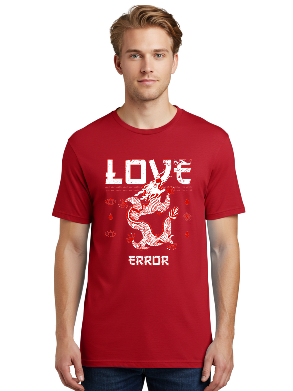 Love Error Men'S Graphic Tee, 100% Cotton, Comfortable Casual Summer Wear, Machine Washable, Dragon Graphic, Love Error Message, Red Dragon Illustration, Bold Typography, Abstract Shapes, Symbolic Art, Emotional Expression, Edgy Design Aae466