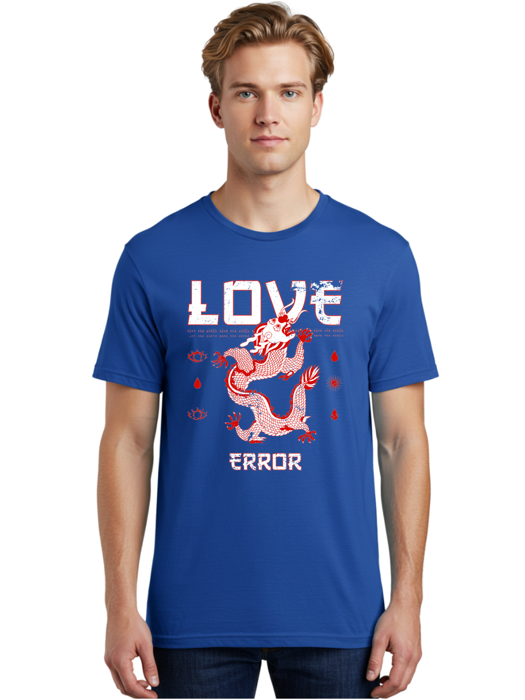 Love Error Men'S Graphic Tee, 100% Cotton, Comfortable Casual Summer Wear, Machine Washable, Dragon Graphic, Love Error Message, Red Dragon Illustration, Bold Typography, Abstract Shapes, Symbolic Art, Emotional Expression, Edgy Design Aae466