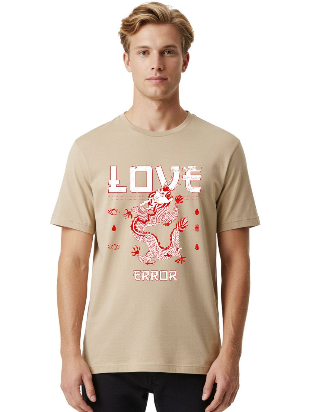 Love Error Men'S Graphic Tee, 100% Cotton, Comfortable Casual Summer Wear, Machine Washable, Dragon Graphic, Love Error Message, Red Dragon Illustration, Bold Typography, Abstract Shapes, Symbolic Art, Emotional Expression, Edgy Design Aae466