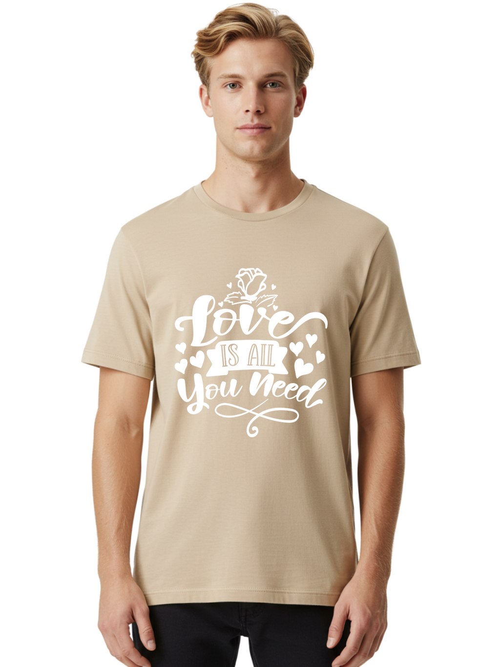 Love Is All You Need White Men'S Graphic Tee, 100% Cotton, Comfortable Casual Summer Wear, Machine Washable, Love Quote, Inspirational Quote, Motivational Quote, Typography, Hearts, Roses, Love Is All You Need, Inspirational Message, Aae468