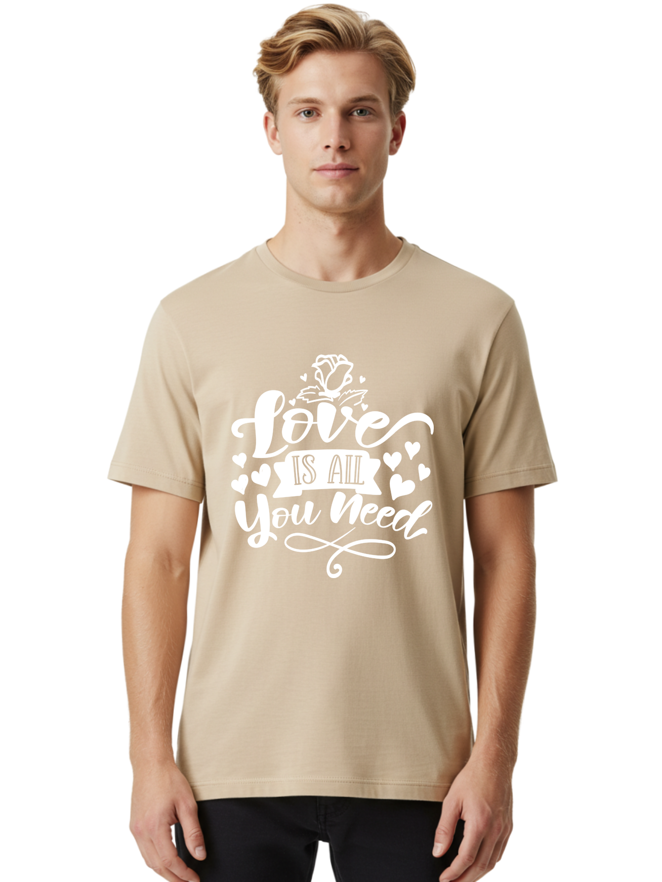 Love Is All You Need White Men'S Graphic Tee, 100% Cotton, Comfortable Casual Summer Wear, Machine Washable, Love Quote, Inspirational Quote, Motivational Quote, Typography, Hearts, Roses, Love Is All You Need, Inspirational Message, Aae468