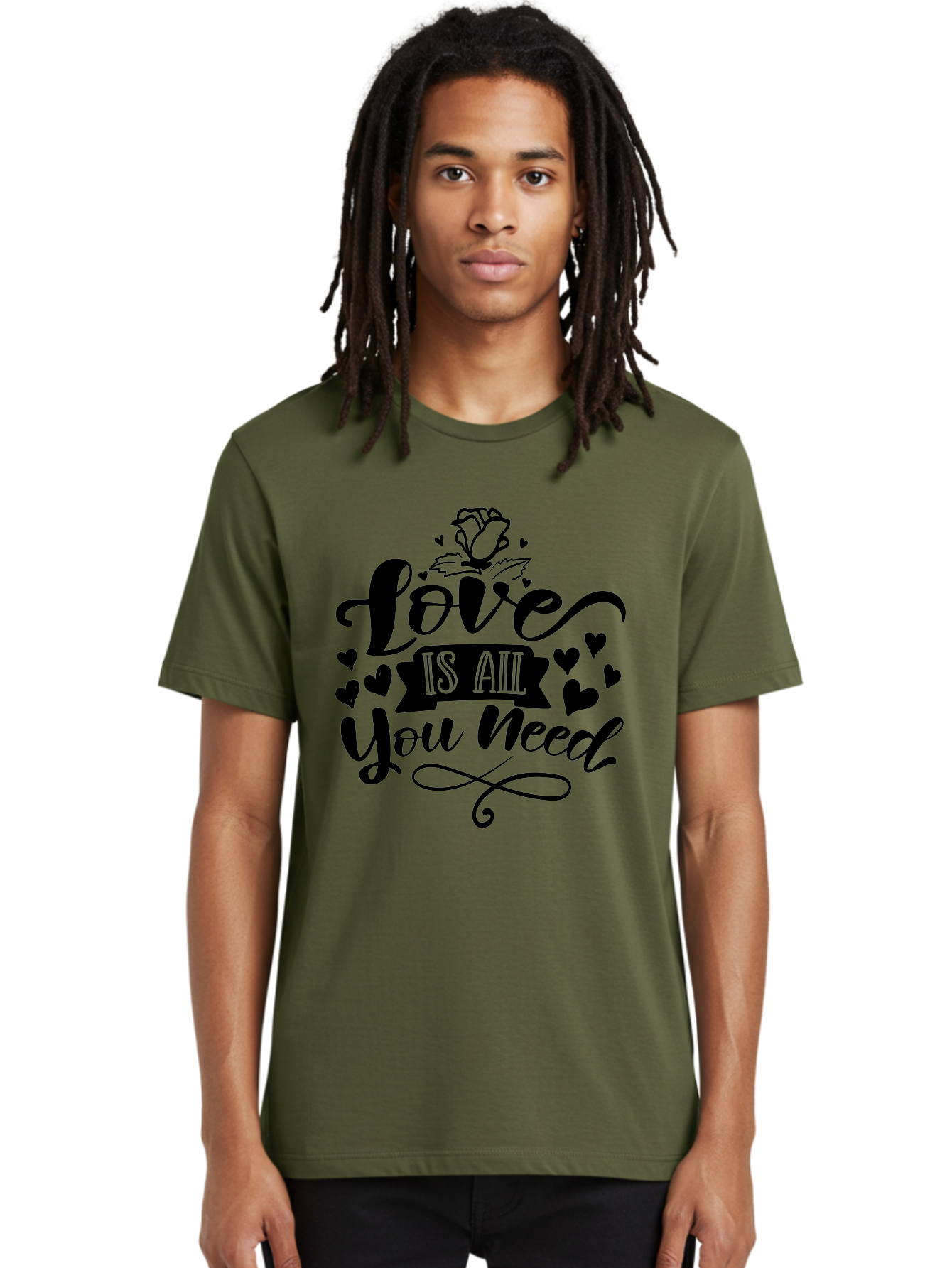 Love Is All You Need Men'S Graphic Tee, 100% Cotton, Comfortable Casual Summer Wear, Machine Washable, Love Quote, Heartwarming Message, Inspirational Phrase, Typography Art, Rose Illustration, Hearts, Love Is All You Need, Motivational Quote, Aae469