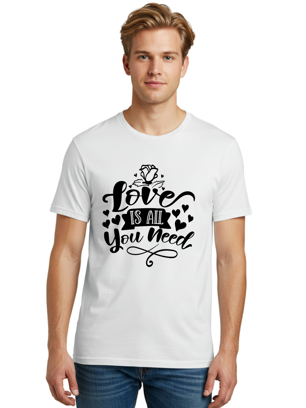 Love Is All You Need Men'S Graphic Tee, 100% Cotton, Comfortable Casual Summer Wear, Machine Washable, Love Quote, Heartwarming Message, Inspirational Phrase, Typography Art, Rose Illustration, Hearts, Love Is All You Need, Motivational Quote, Aae469