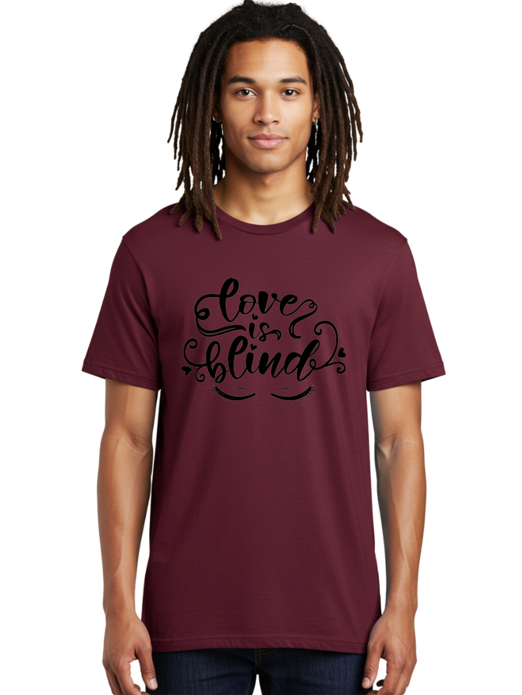 Love Is Blind Men'S Graphic Tee, 100% Cotton, Comfortable Casual Summer Wear, Machine Washable, Love Is Blind Quote, Black Typography, Hearts, Eyelashes, Swirly Design, Vintage Style, Romantic Phrase, Beautiful Lettering Aae470