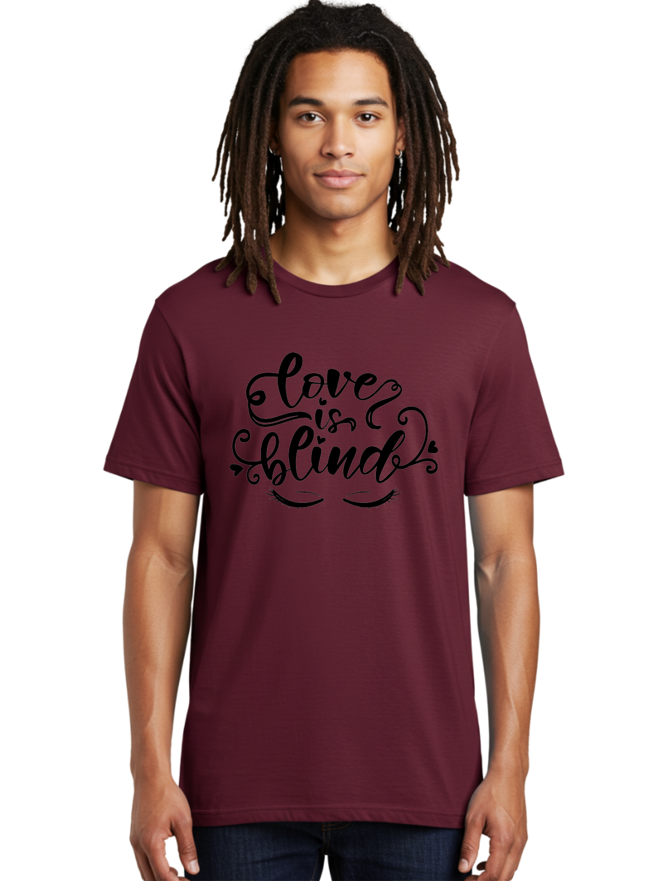 Love Is Blind Men'S Graphic Tee, 100% Cotton, Comfortable Casual Summer Wear, Machine Washable, Love Is Blind Quote, Black Typography, Hearts, Eyelashes, Swirly Design, Vintage Style, Romantic Phrase, Beautiful Lettering Aae470