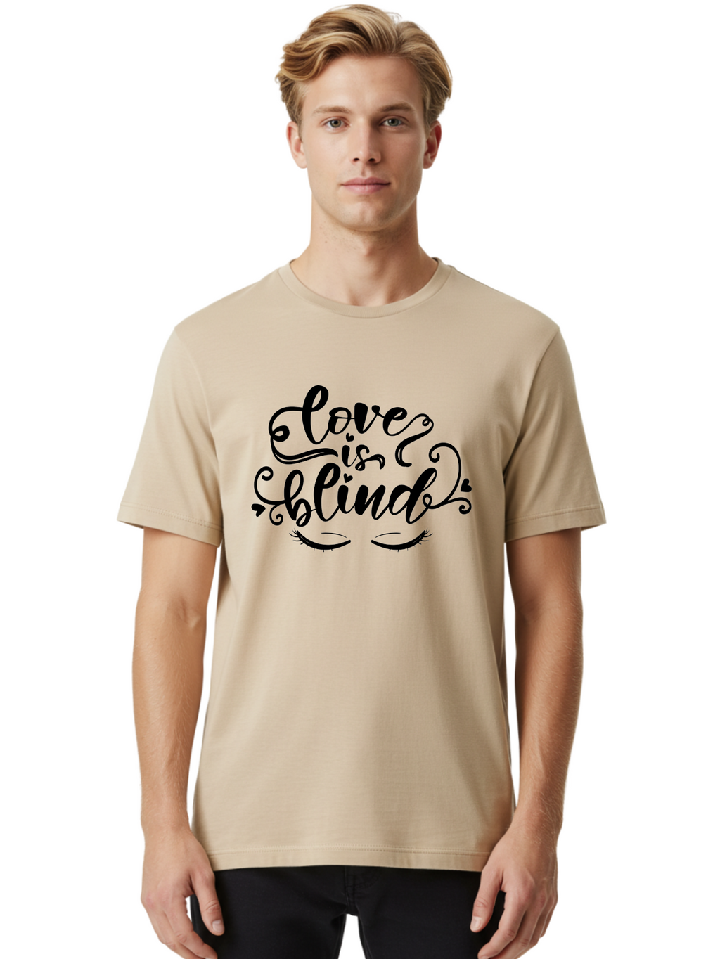 Love Is Blind Men'S Graphic Tee, 100% Cotton, Comfortable Casual Summer Wear, Machine Washable, Love Is Blind Quote, Black Typography, Hearts, Eyelashes, Swirly Design, Vintage Style, Romantic Phrase, Beautiful Lettering Aae470
