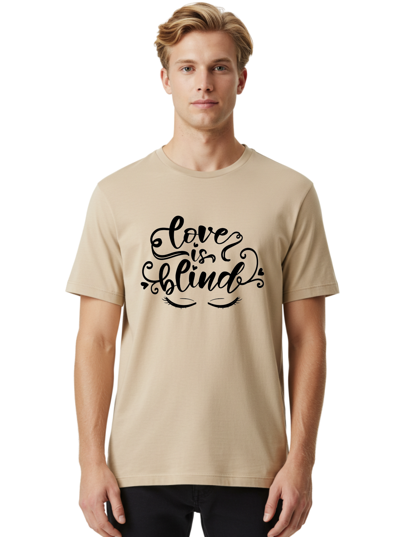 Love Is Blind Men'S Graphic Tee, 100% Cotton, Comfortable Casual Summer Wear, Machine Washable, Love Is Blind Quote, Black Typography, Hearts, Eyelashes, Swirly Design, Vintage Style, Romantic Phrase, Beautiful Lettering Aae470