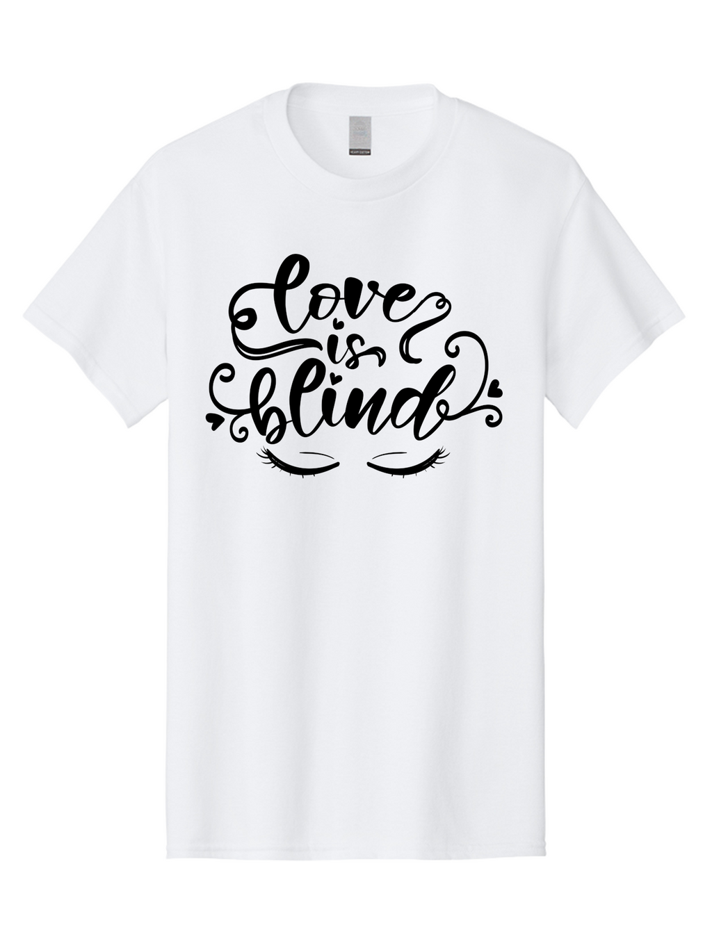 Love Is Blind Men'S Graphic Tee, 100% Cotton, Comfortable Casual Summer Wear, Machine Washable, Love Is Blind Quote, Black Typography, Hearts, Eyelashes, Swirly Design, Vintage Style, Romantic Phrase, Beautiful Lettering Aae470