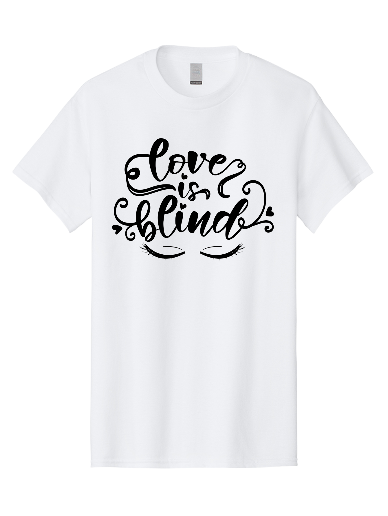 Love Is Blind Men'S Graphic Tee, 100% Cotton, Comfortable Casual Summer Wear, Machine Washable, Love Is Blind Quote, Black Typography, Hearts, Eyelashes, Swirly Design, Vintage Style, Romantic Phrase, Beautiful Lettering Aae470