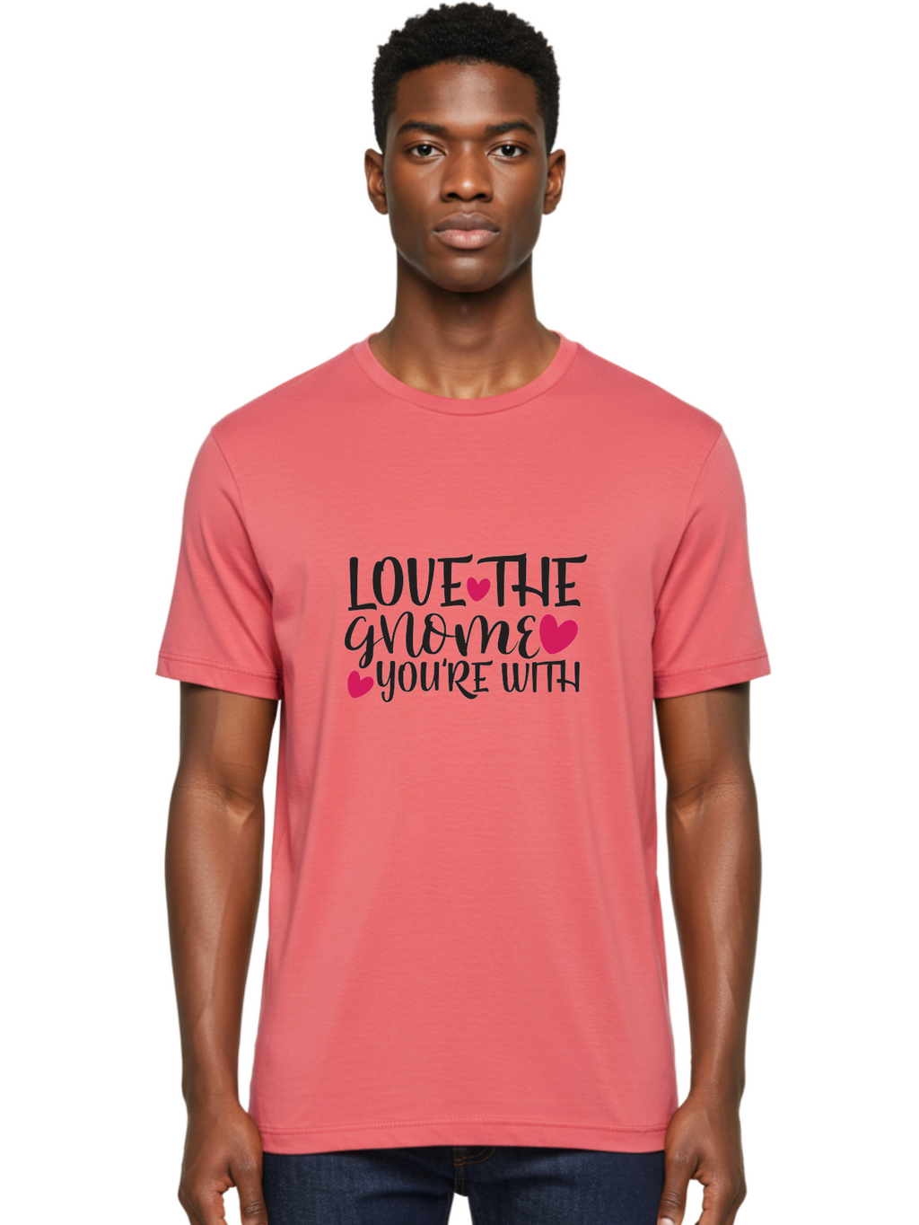 Love The Gnome You_Re With Men'S Graphic Tee, 100% Cotton, Comfortable Casual Summer Wear, Machine Washable, Gnome Love, Funny Quote, Heartwarming Phrase, Cute Illustration, Playful Design, Punny Saying, Valentines Day Gift, Garden Gnome, Aae475