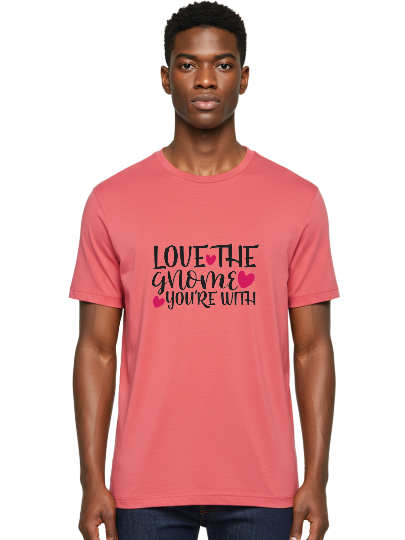 Love The Gnome You_Re With Men'S Graphic Tee, 100% Cotton, Comfortable Casual Summer Wear, Machine Washable, Gnome Love, Funny Quote, Heartwarming Phrase, Cute Illustration, Playful Design, Punny Saying, Valentines Day Gift, Garden Gnome, Aae475