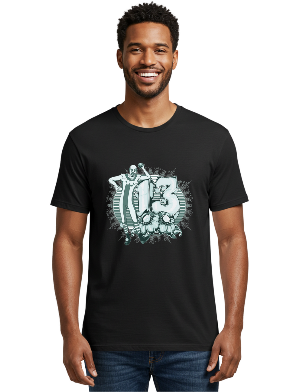 Lucky 13 Clown Men'S Graphic Tee, 100% Cotton, Comfortable Casual Summer Wear, Machine Washable, Clown Illustration, Creepy Clown, Horror Theme, Number 13, Balloon Decoration, Scary Art, Freaky Design, Juggling Balls, Eerie Atmosphere Aae476