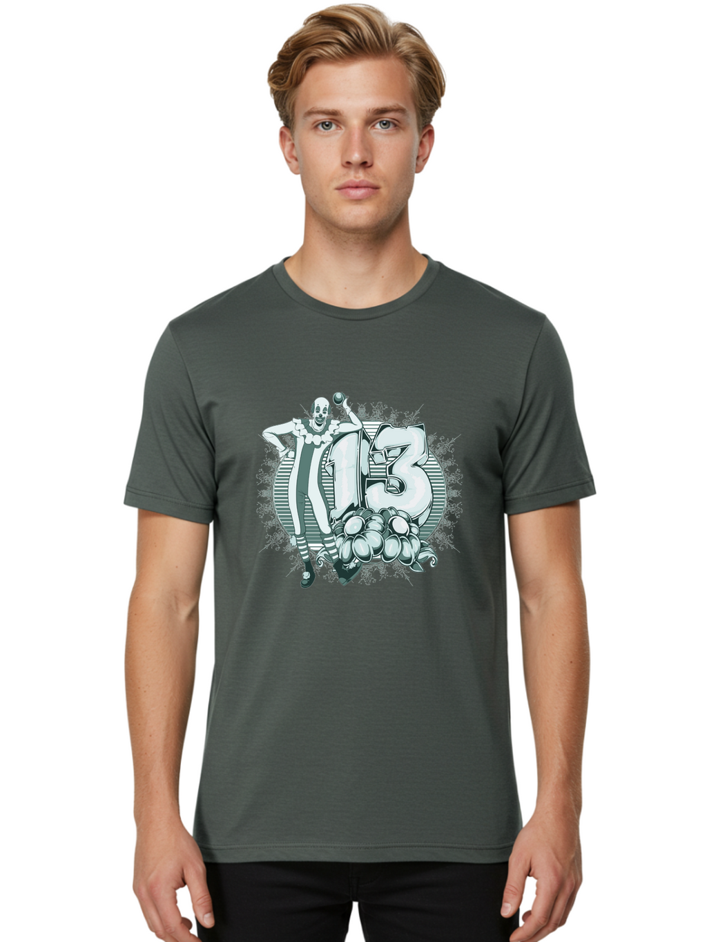 Lucky 13 Clown Men'S Graphic Tee, 100% Cotton, Comfortable Casual Summer Wear, Machine Washable, Clown Illustration, Creepy Clown, Horror Theme, Number 13, Balloon Decoration, Scary Art, Freaky Design, Juggling Balls, Eerie Atmosphere Aae476