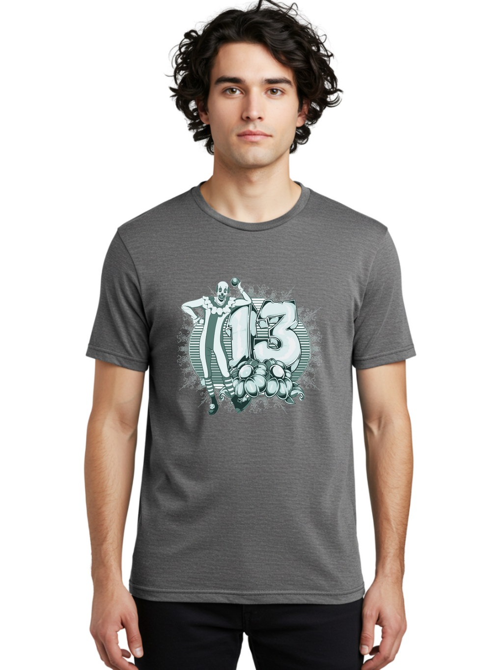 Lucky 13 Clown Men'S Graphic Tee, 100% Cotton, Comfortable Casual Summer Wear, Machine Washable, Clown Illustration, Creepy Clown, Horror Theme, Number 13, Balloon Decoration, Scary Art, Freaky Design, Juggling Balls, Eerie Atmosphere Aae476