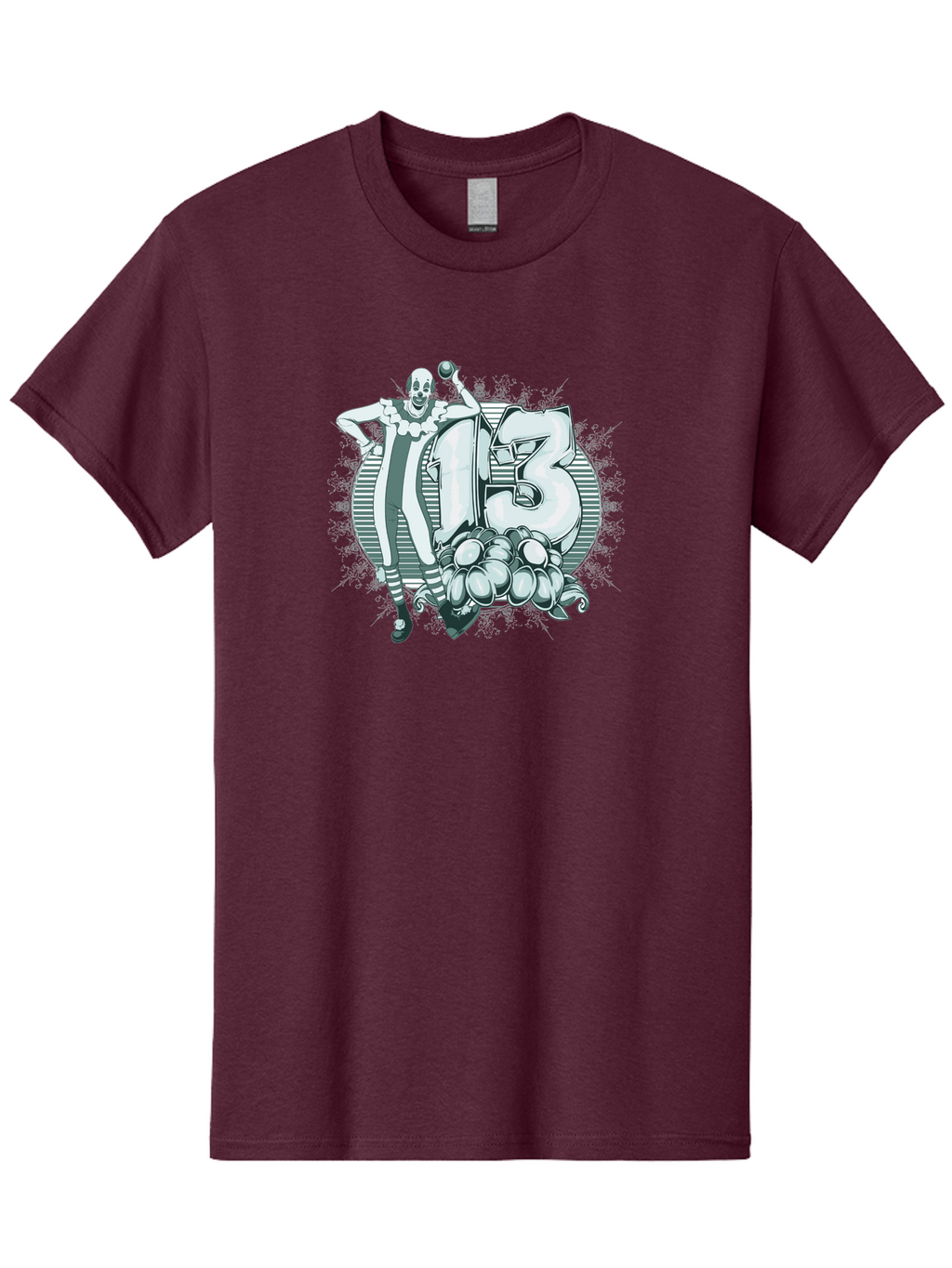 Lucky 13 Clown Men'S Graphic Tee, 100% Cotton, Comfortable Casual Summer Wear, Machine Washable, Clown Illustration, Creepy Clown, Horror Theme, Number 13, Balloon Decoration, Scary Art, Freaky Design, Juggling Balls, Eerie Atmosphere Aae476