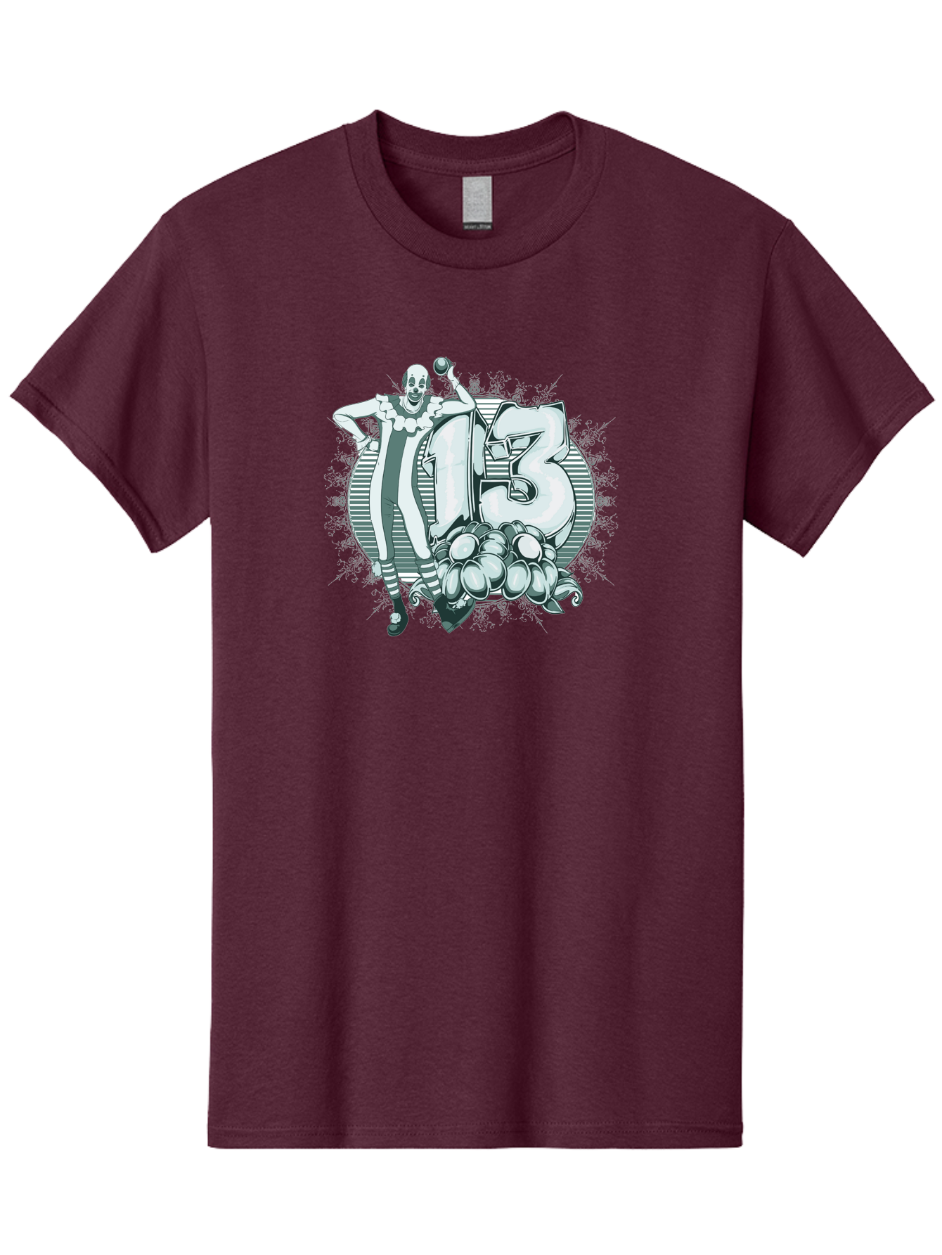 Lucky 13 Clown Men'S Graphic Tee, 100% Cotton, Comfortable Casual Summer Wear, Machine Washable, Clown Illustration, Creepy Clown, Horror Theme, Number 13, Balloon Decoration, Scary Art, Freaky Design, Juggling Balls, Eerie Atmosphere Aae476