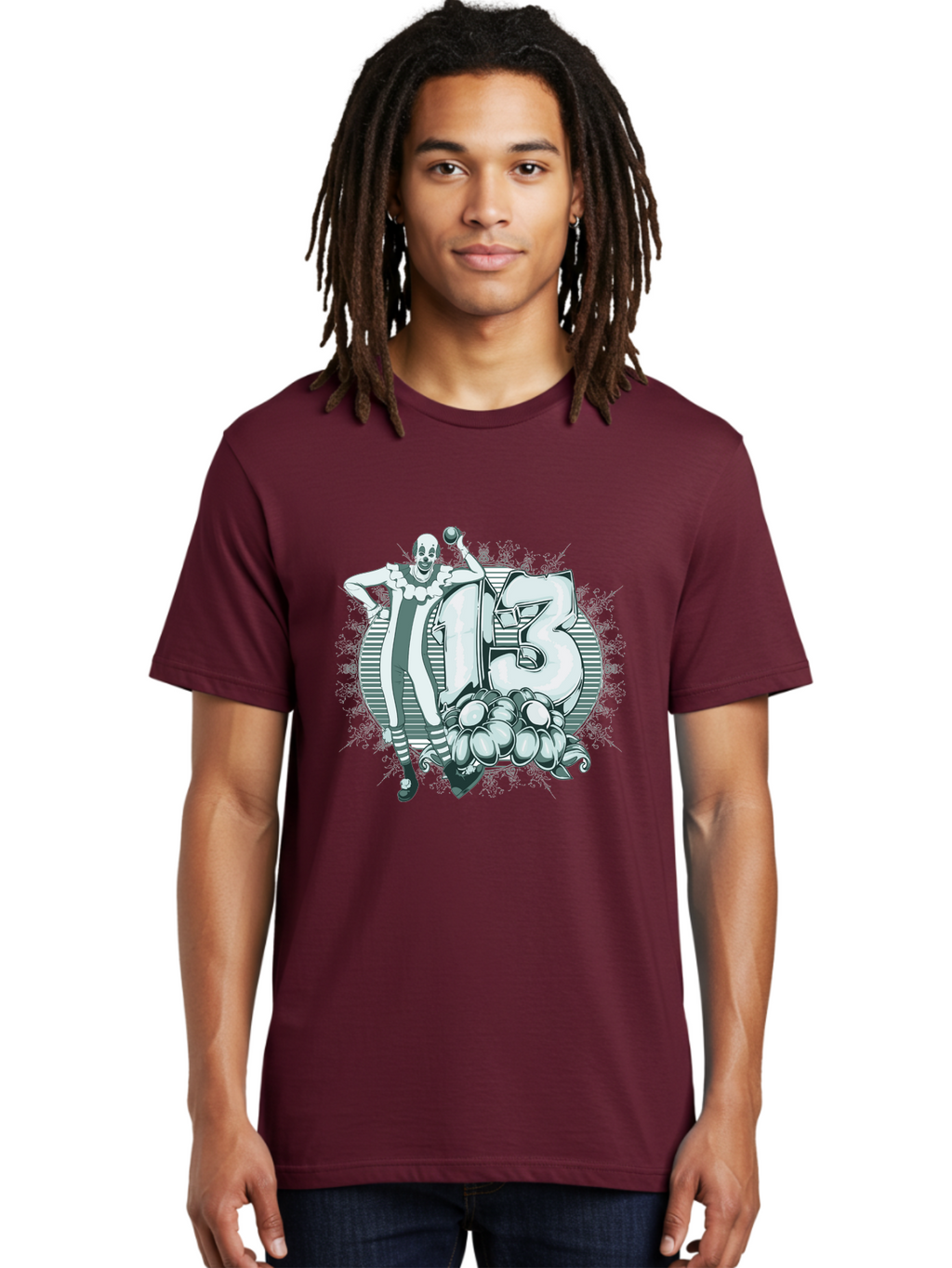 Lucky 13 Clown Men'S Graphic Tee, 100% Cotton, Comfortable Casual Summer Wear, Machine Washable, Clown Illustration, Creepy Clown, Horror Theme, Number 13, Balloon Decoration, Scary Art, Freaky Design, Juggling Balls, Eerie Atmosphere Aae476
