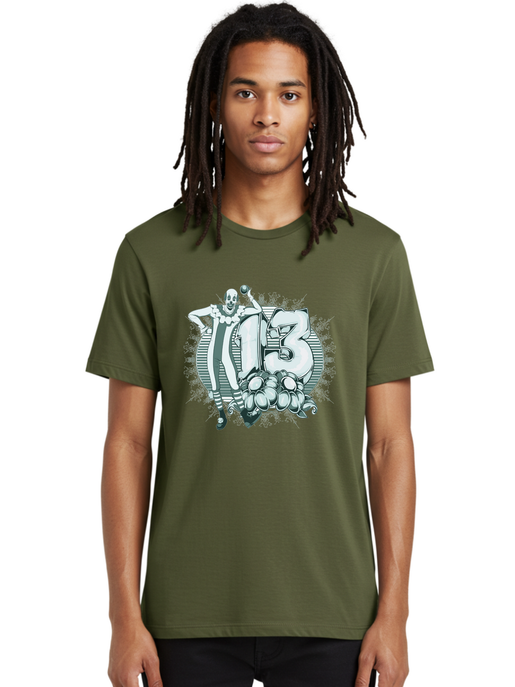 Lucky 13 Clown Men'S Graphic Tee, 100% Cotton, Comfortable Casual Summer Wear, Machine Washable, Clown Illustration, Creepy Clown, Horror Theme, Number 13, Balloon Decoration, Scary Art, Freaky Design, Juggling Balls, Eerie Atmosphere Aae476