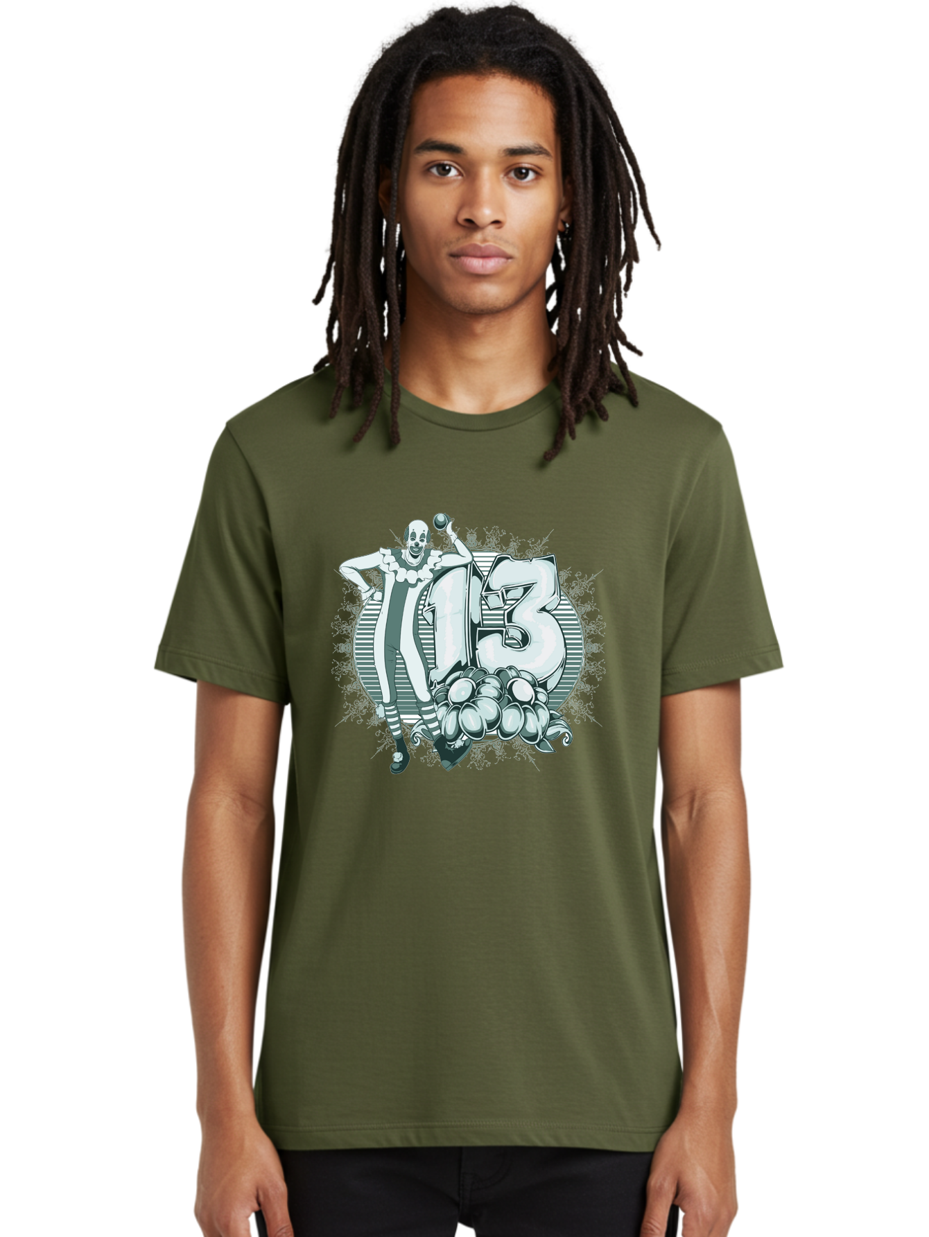 Lucky 13 Clown Men'S Graphic Tee, 100% Cotton, Comfortable Casual Summer Wear, Machine Washable, Clown Illustration, Creepy Clown, Horror Theme, Number 13, Balloon Decoration, Scary Art, Freaky Design, Juggling Balls, Eerie Atmosphere Aae476