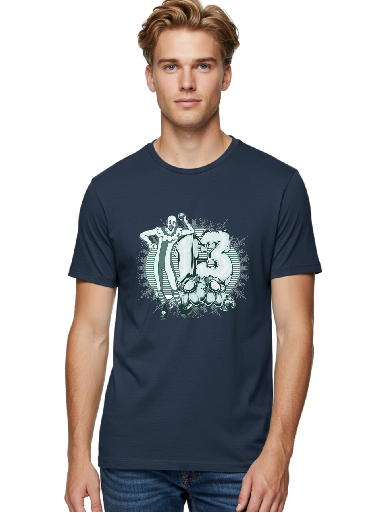 Lucky 13 Clown Men'S Graphic Tee, 100% Cotton, Comfortable Casual Summer Wear, Machine Washable, Clown Illustration, Creepy Clown, Horror Theme, Number 13, Balloon Decoration, Scary Art, Freaky Design, Juggling Balls, Eerie Atmosphere Aae476