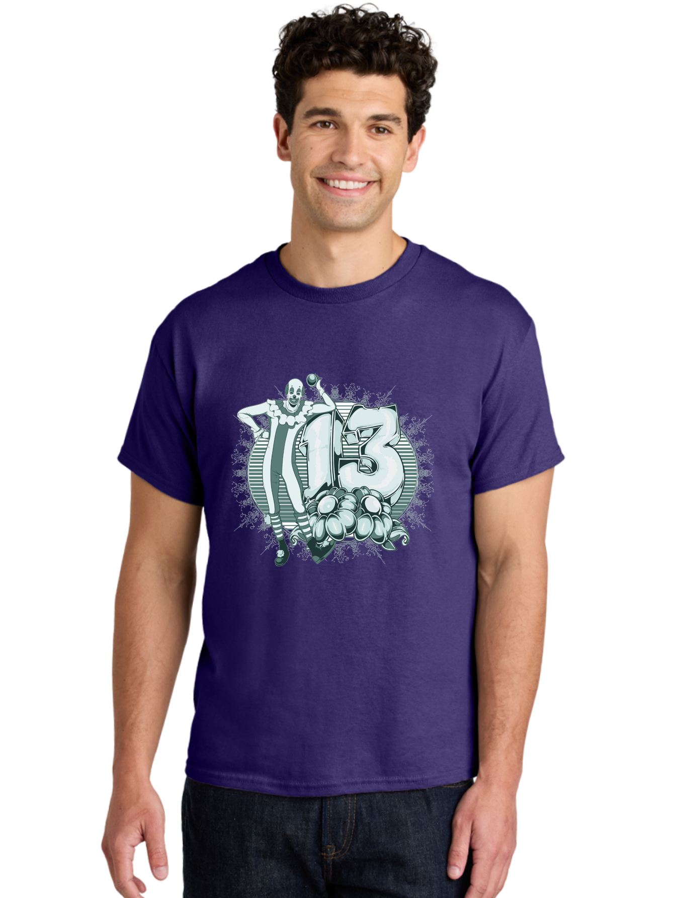 Lucky 13 Clown Men'S Graphic Tee, 100% Cotton, Comfortable Casual Summer Wear, Machine Washable, Clown Illustration, Creepy Clown, Horror Theme, Number 13, Balloon Decoration, Scary Art, Freaky Design, Juggling Balls, Eerie Atmosphere Aae476