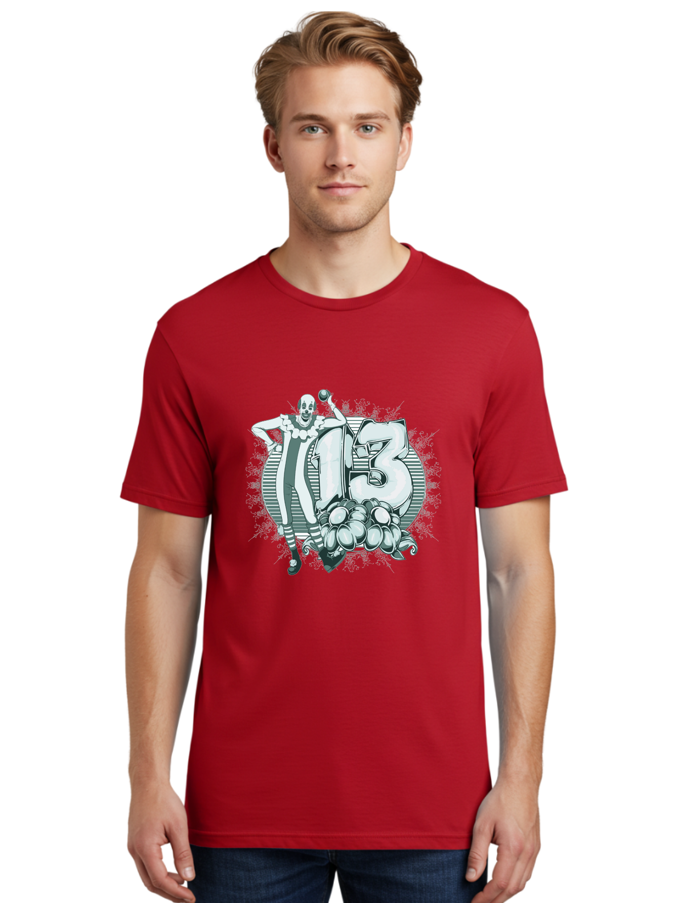 Lucky 13 Clown Men'S Graphic Tee, 100% Cotton, Comfortable Casual Summer Wear, Machine Washable, Clown Illustration, Creepy Clown, Horror Theme, Number 13, Balloon Decoration, Scary Art, Freaky Design, Juggling Balls, Eerie Atmosphere Aae476