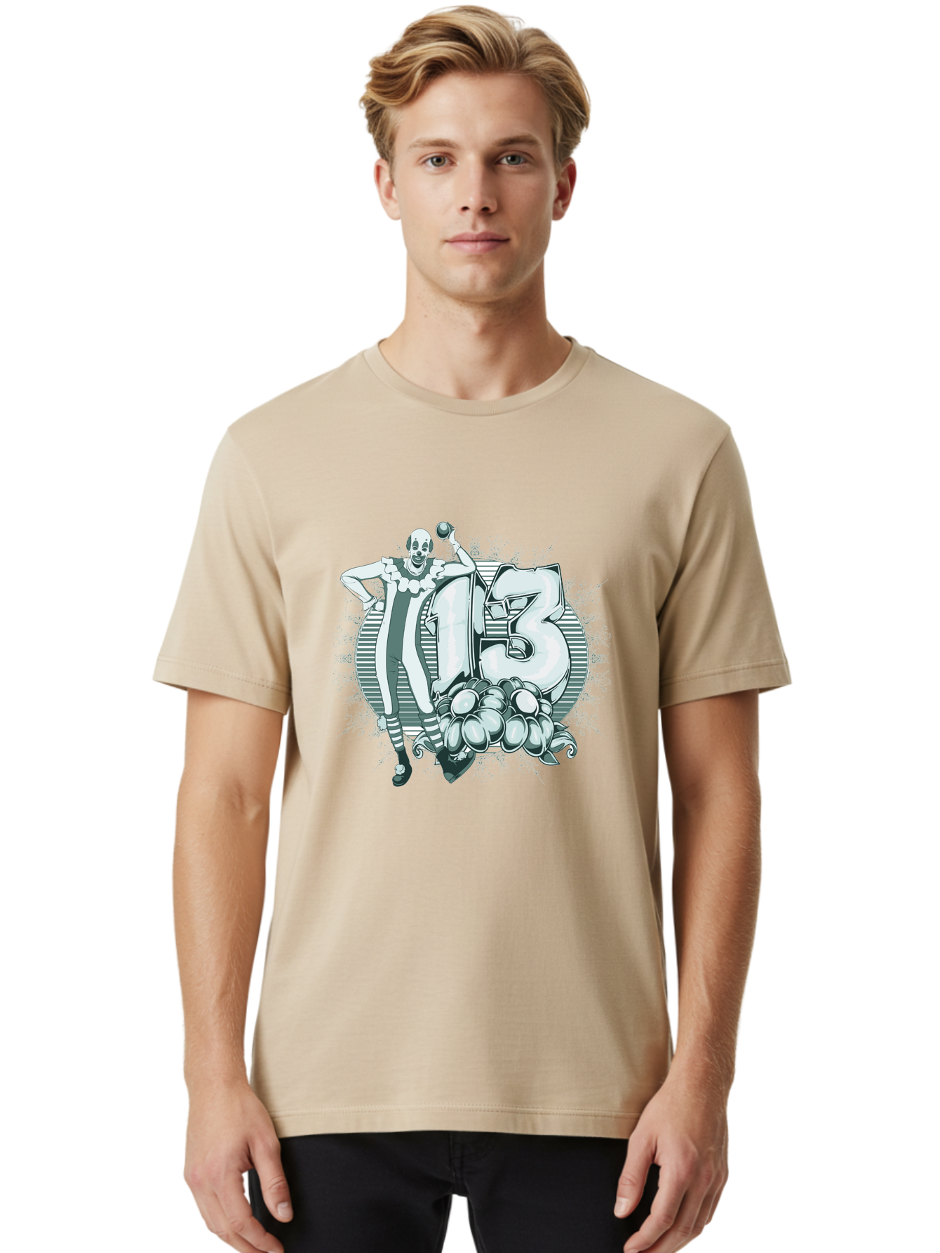 Lucky 13 Clown Men'S Graphic Tee, 100% Cotton, Comfortable Casual Summer Wear, Machine Washable, Clown Illustration, Creepy Clown, Horror Theme, Number 13, Balloon Decoration, Scary Art, Freaky Design, Juggling Balls, Eerie Atmosphere Aae476