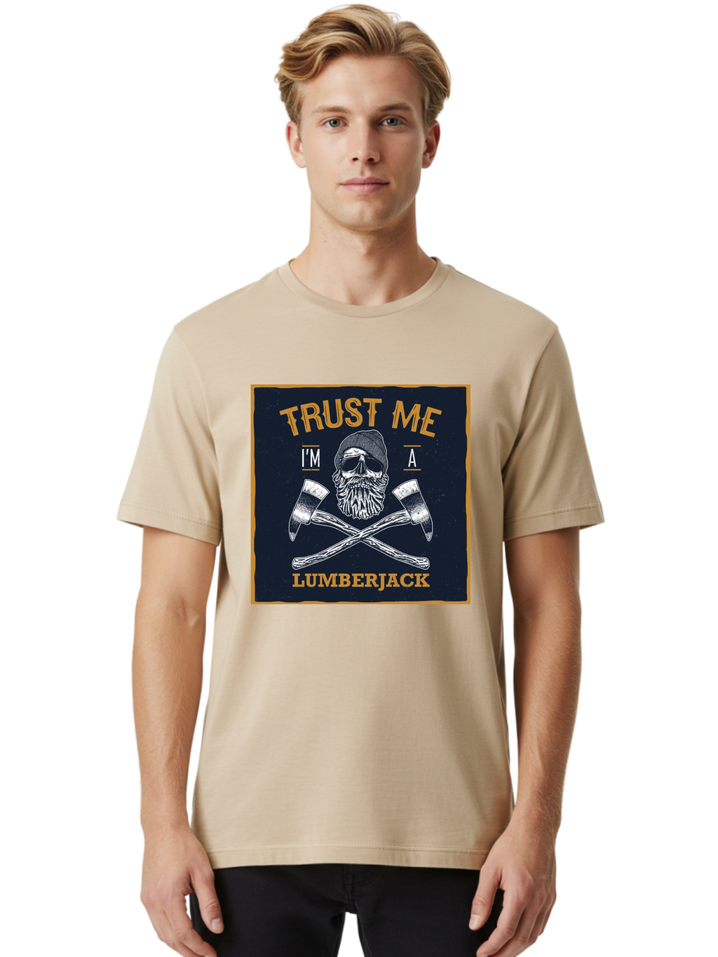 Lumberjack Skull 1 Men'S Graphic Tee, 100% Cotton, Comfortable Casual Summer Wear, Machine Washable, Lumberjack Graphic, Bearded Skull, Crossed Axes, Forest Worker, Woodcutter Symbol, Rustic Design, Vintage Style, Logging Industry Aae478