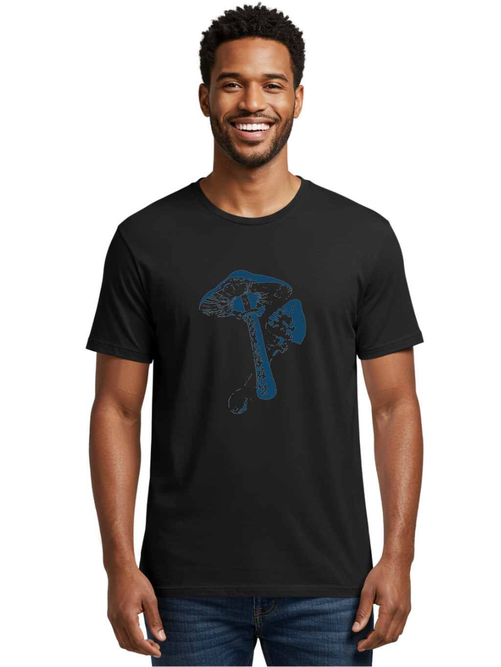 Magic Mushroom Art Men'S Graphic Tee, 100% Cotton, Comfortable Casual Summer Wear, Machine Washable, Mushroom Illustration, Dark Blue Fungi, Nature Artwork, Botanical Design, Whimsical Style, Mystic Vibes, Fungal Art, Psychedelic Visuals Aae484