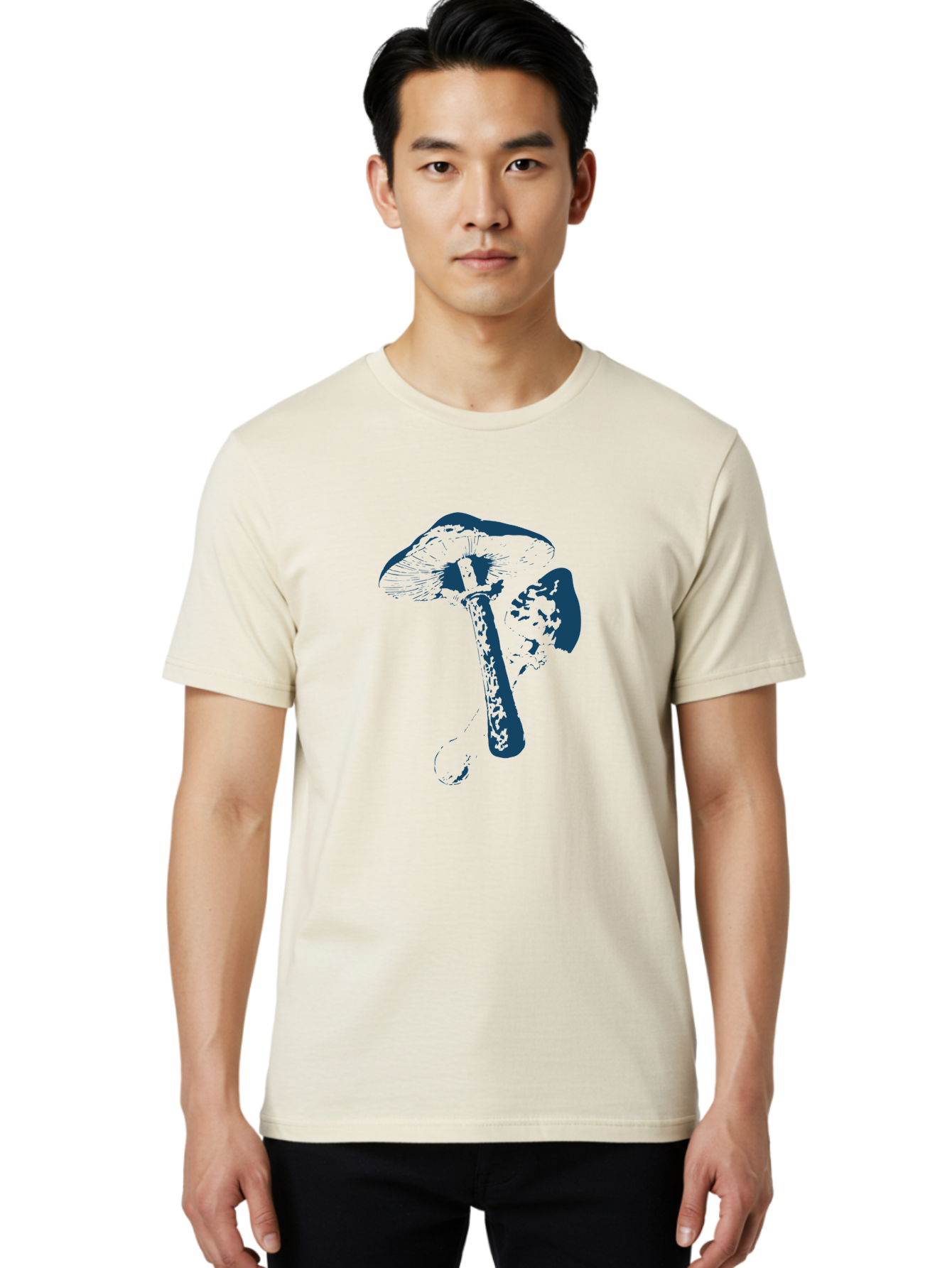 Magic Mushroom Art Men'S Graphic Tee, 100% Cotton, Comfortable Casual Summer Wear, Machine Washable, Mushroom Illustration, Dark Blue Fungi, Nature Artwork, Botanical Design, Whimsical Style, Mystic Vibes, Fungal Art, Psychedelic Visuals Aae484