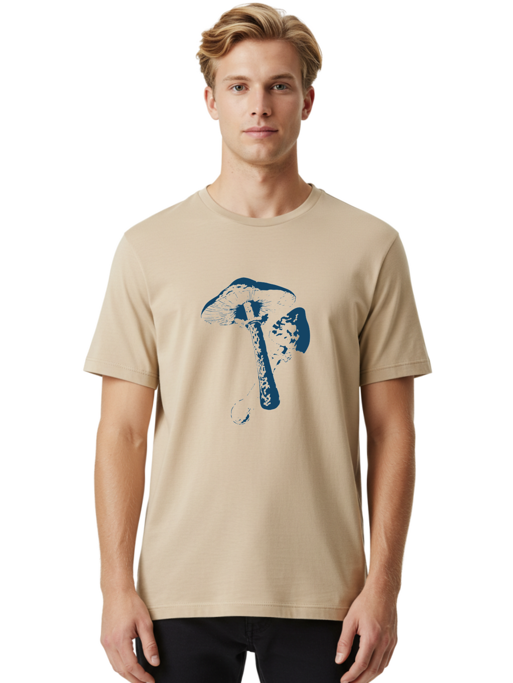 Magic Mushroom Art Men'S Graphic Tee, 100% Cotton, Comfortable Casual Summer Wear, Machine Washable, Mushroom Illustration, Dark Blue Fungi, Nature Artwork, Botanical Design, Whimsical Style, Mystic Vibes, Fungal Art, Psychedelic Visuals Aae484