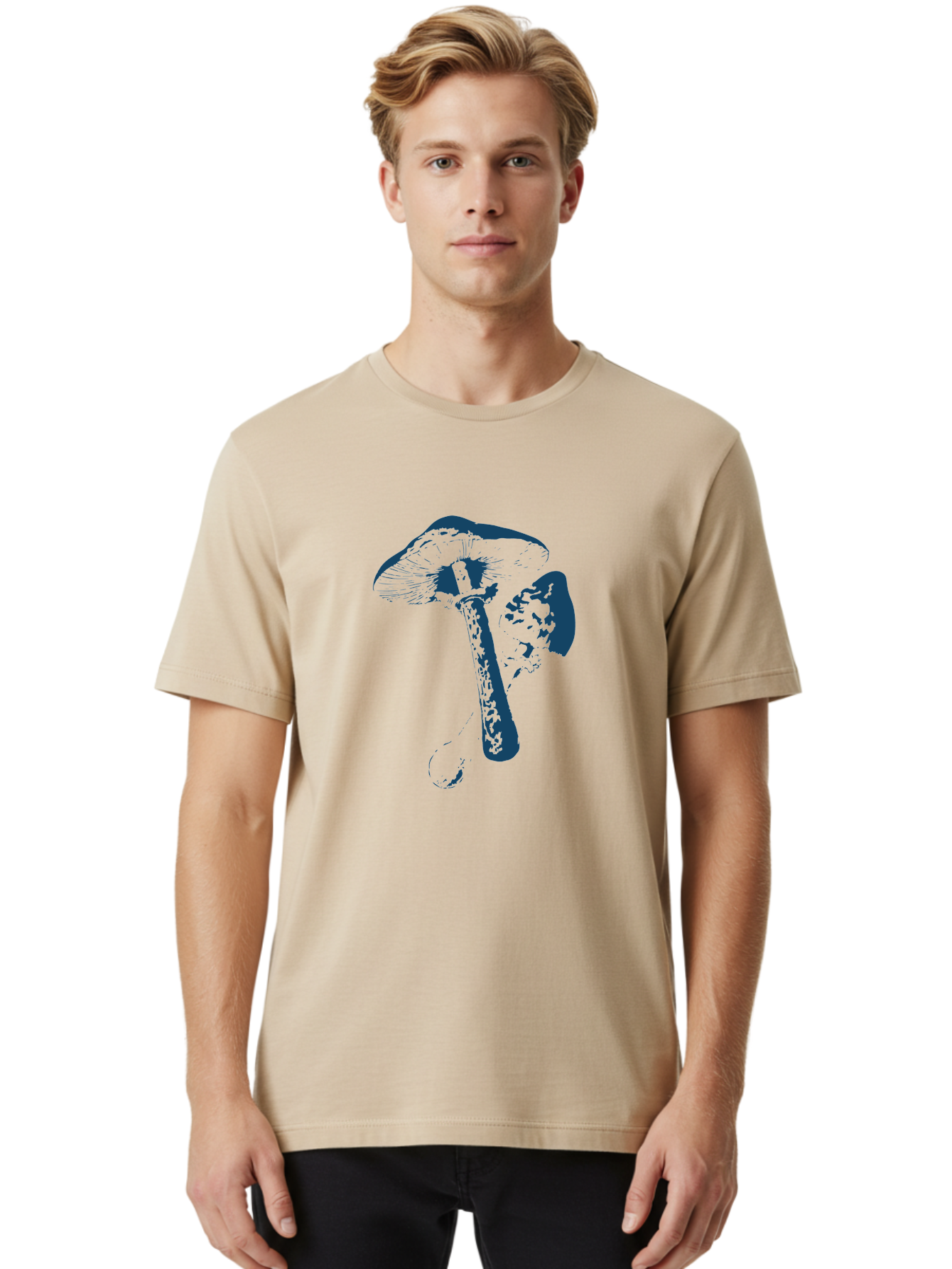 Magic Mushroom Art Men'S Graphic Tee, 100% Cotton, Comfortable Casual Summer Wear, Machine Washable, Mushroom Illustration, Dark Blue Fungi, Nature Artwork, Botanical Design, Whimsical Style, Mystic Vibes, Fungal Art, Psychedelic Visuals Aae484