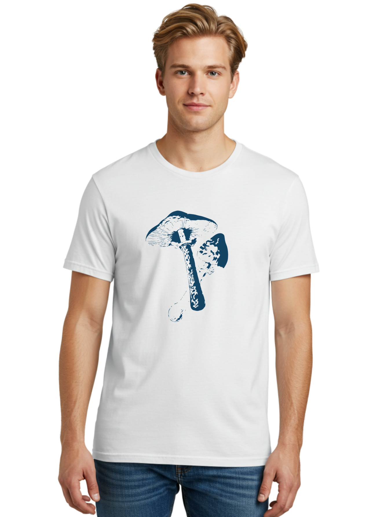 Magic Mushroom Art Men'S Graphic Tee, 100% Cotton, Comfortable Casual Summer Wear, Machine Washable, Mushroom Illustration, Dark Blue Fungi, Nature Artwork, Botanical Design, Whimsical Style, Mystic Vibes, Fungal Art, Psychedelic Visuals Aae484
