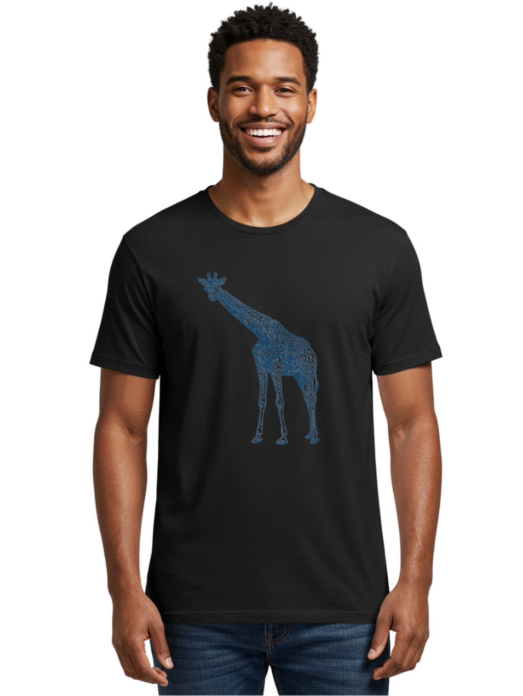 Majestic Giraffe Men'S Graphic Tee, 100% Cotton, Comfortable Casual Summer Wear, Machine Washable, Giraffe Illustration, Wild Animal, Spotted Fur, Tall Mammal, Wildlife Art, Pop Art Style, Blue And Green Graphic, Animal Design Aae485
