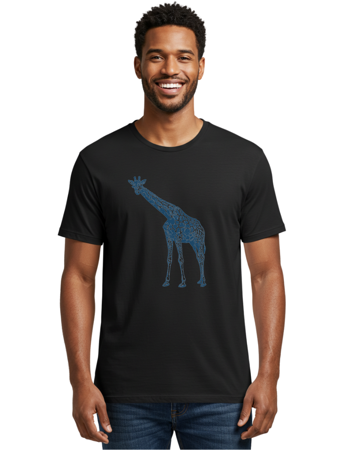 Majestic Giraffe Men'S Graphic Tee, 100% Cotton, Comfortable Casual Summer Wear, Machine Washable, Giraffe Illustration, Wild Animal, Spotted Fur, Tall Mammal, Wildlife Art, Pop Art Style, Blue And Green Graphic, Animal Design Aae485