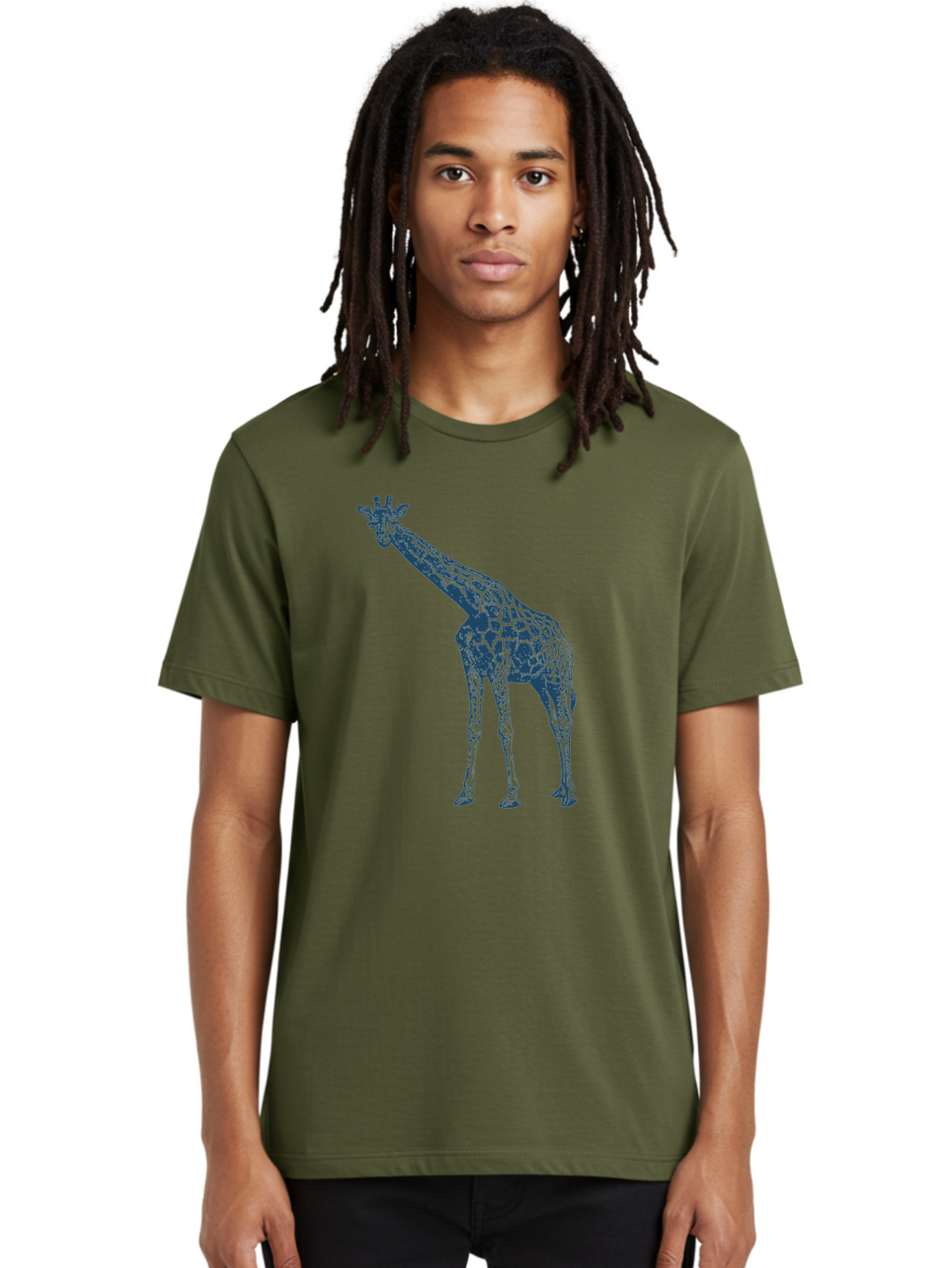 Majestic Giraffe Men'S Graphic Tee, 100% Cotton, Comfortable Casual Summer Wear, Machine Washable, Giraffe Illustration, Wild Animal, Spotted Fur, Tall Mammal, Wildlife Art, Pop Art Style, Blue And Green Graphic, Animal Design Aae485
