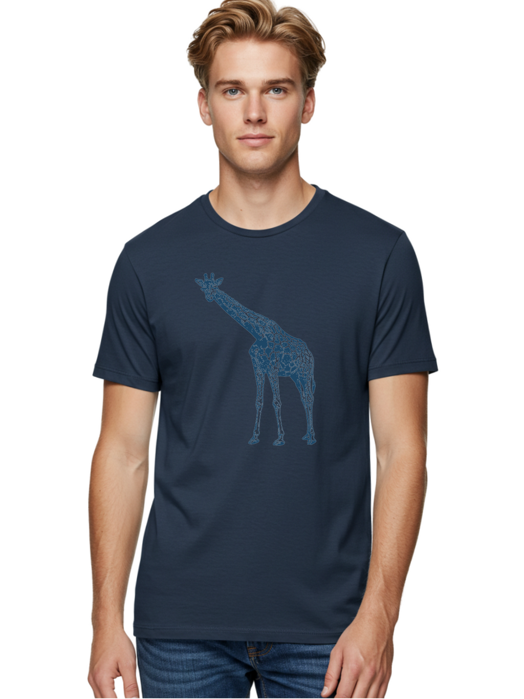 Majestic Giraffe Men'S Graphic Tee, 100% Cotton, Comfortable Casual Summer Wear, Machine Washable, Giraffe Illustration, Wild Animal, Spotted Fur, Tall Mammal, Wildlife Art, Pop Art Style, Blue And Green Graphic, Animal Design Aae485