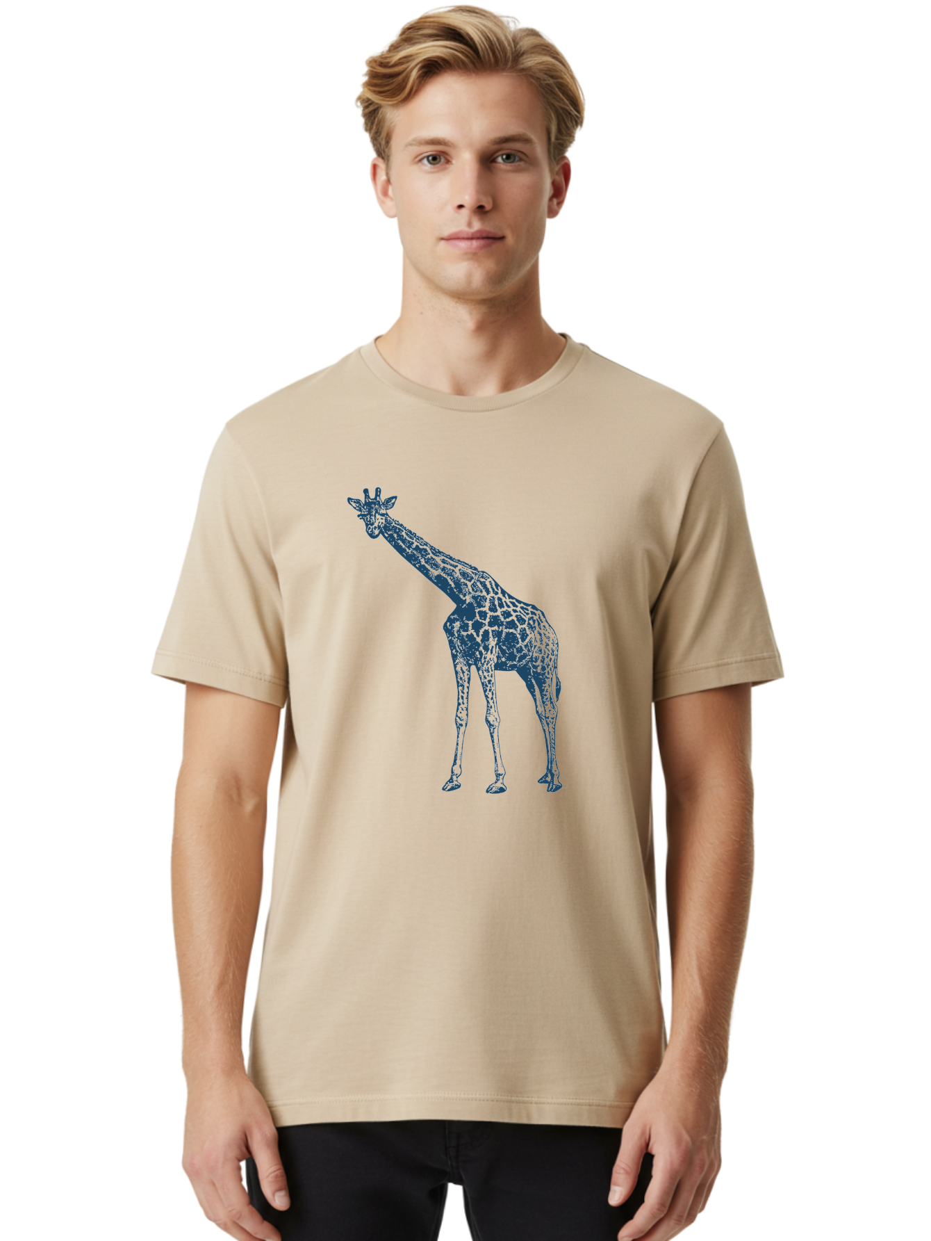 Majestic Giraffe Men'S Graphic Tee, 100% Cotton, Comfortable Casual Summer Wear, Machine Washable, Giraffe Illustration, Wild Animal, Spotted Fur, Tall Mammal, Wildlife Art, Pop Art Style, Blue And Green Graphic, Animal Design Aae485
