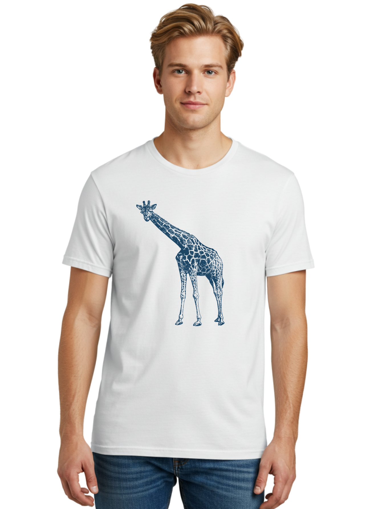 Majestic Giraffe Men'S Graphic Tee, 100% Cotton, Comfortable Casual Summer Wear, Machine Washable, Giraffe Illustration, Wild Animal, Spotted Fur, Tall Mammal, Wildlife Art, Pop Art Style, Blue And Green Graphic, Animal Design Aae485