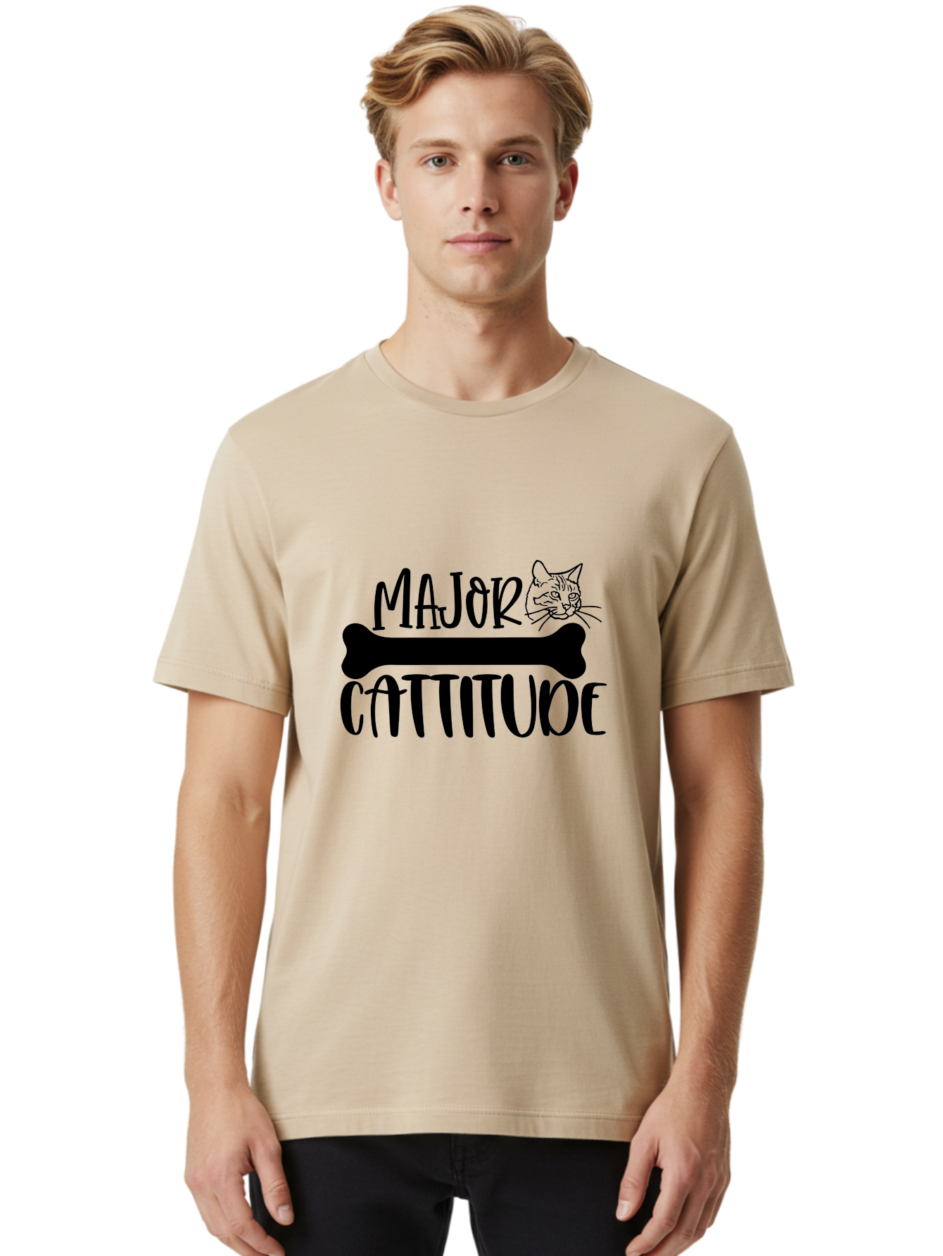 Major Cattitude Men'S Graphic Tee, 100% Cotton, Comfortable Casual Summer Wear, Machine Washable, Fun Cat Design, Cat Attitude, Cat Lover Gift, Funny Cat Quote, Cat Phrase, Dog Bone Illustration, Cat Face, Quirky Humor, Cat Personality Aae486