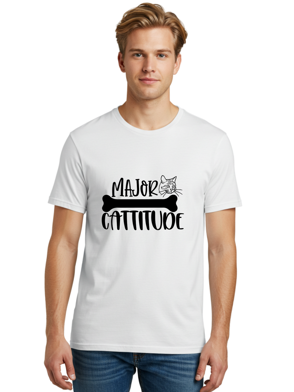 Major Cattitude Men'S Graphic Tee, 100% Cotton, Comfortable Casual Summer Wear, Machine Washable, Fun Cat Design, Cat Attitude, Cat Lover Gift, Funny Cat Quote, Cat Phrase, Dog Bone Illustration, Cat Face, Quirky Humor, Cat Personality Aae486